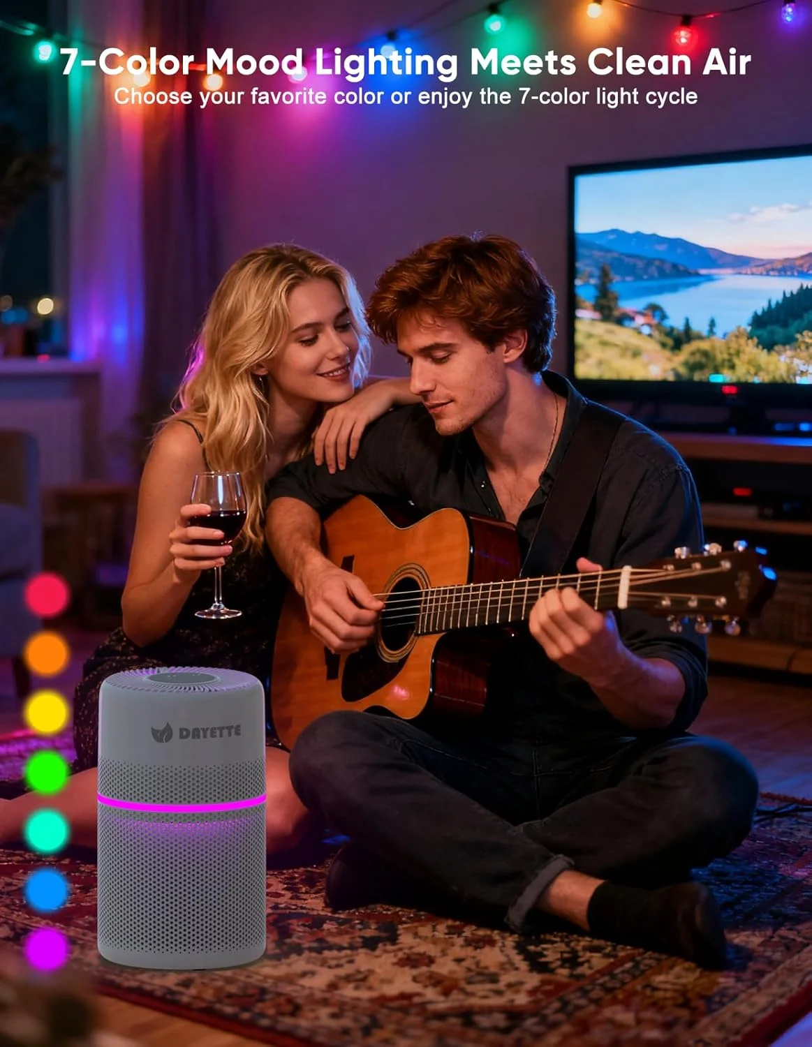 دستگاه تصفیه هوا برای اتاق خواب با نور 7 رنگ، تصفیه کننده هوشمند وای فای H13 DAYETTE برای خانه و اتاق بزرگ تا 140 متر مربع، کنترل از طریق اپلیکیشن و حالت خواب 20 دسی بل برای گرد و غبار، گرده، شوره حیوانات خانگی و دود