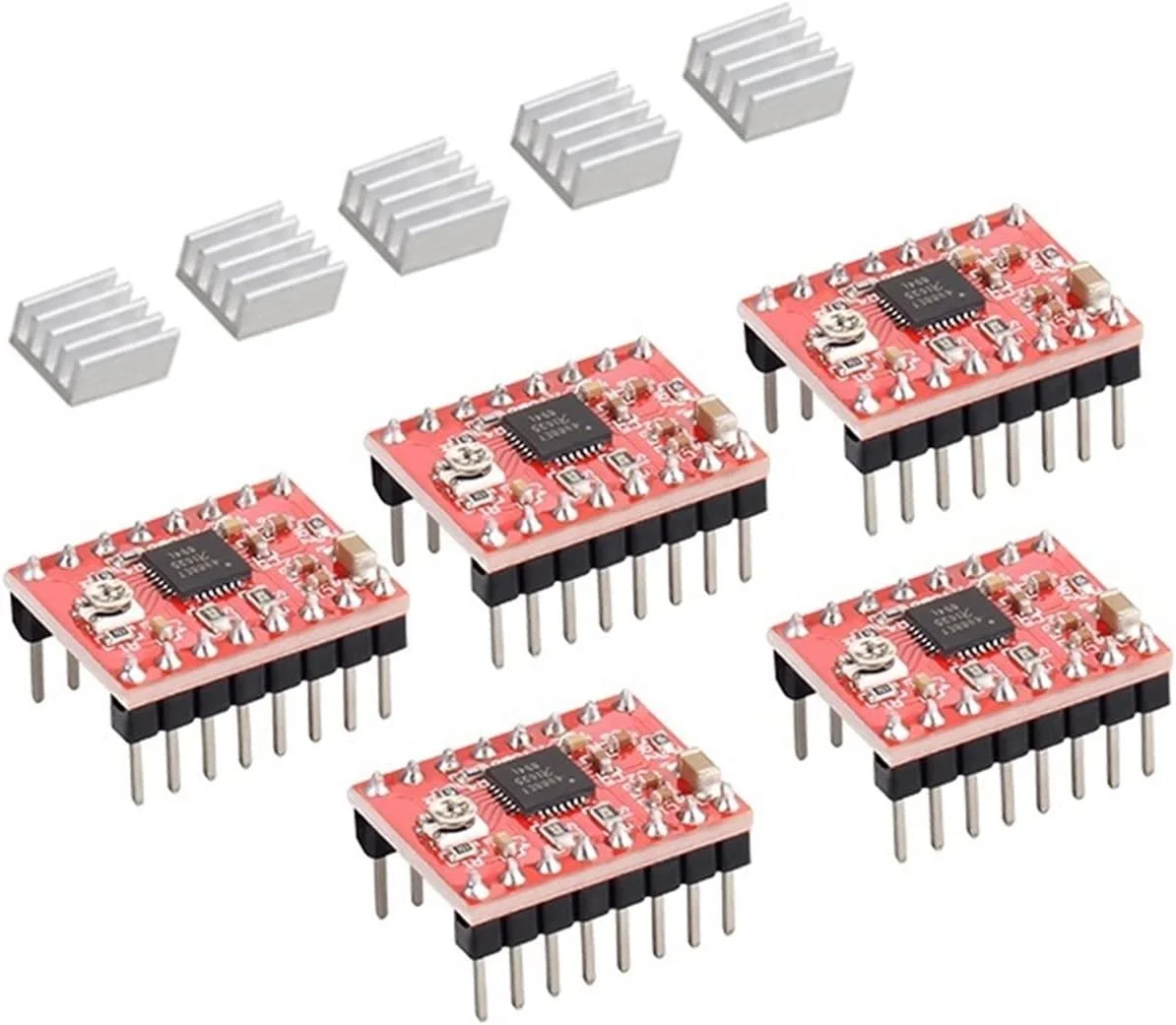 درایور موتور پله ای A4988 مدل StepStick 42 به همراه هیت سینک، سازگار با قطعات پرینتر سه بعدی Reprap، تعداد 5 ست