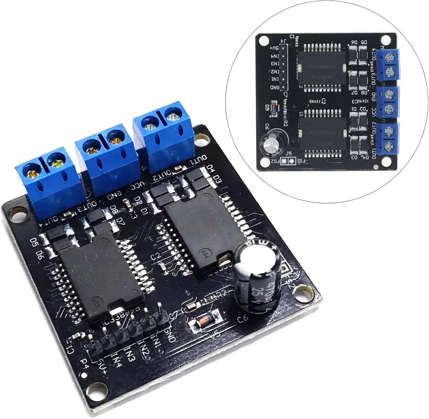ماژول درایور موتور MC33886 با 4 خروجی، مناسب برای ربات، خودروی هوشمند، موتور پله ای، 6.5V-24V و 5A