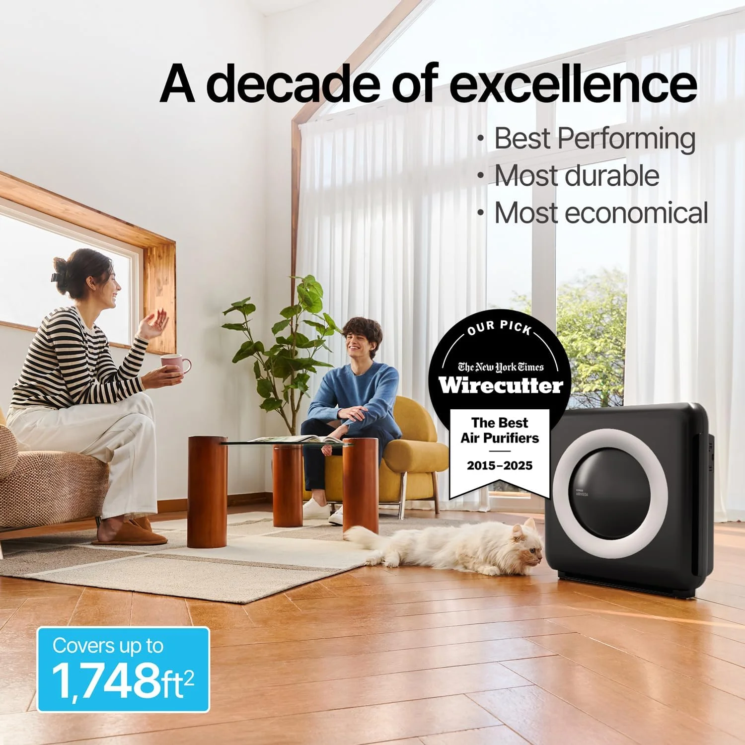 دستگاه تصفیه هوا Coway Airmega AP-1512HH(W) با قابلیت نظارت بر کیفیت هوا، حالت خودکار، تایمر، نشانگر فیلتر و حالت اقتصادی، 42.6x46.4x24.6 سانتی متر، سفید