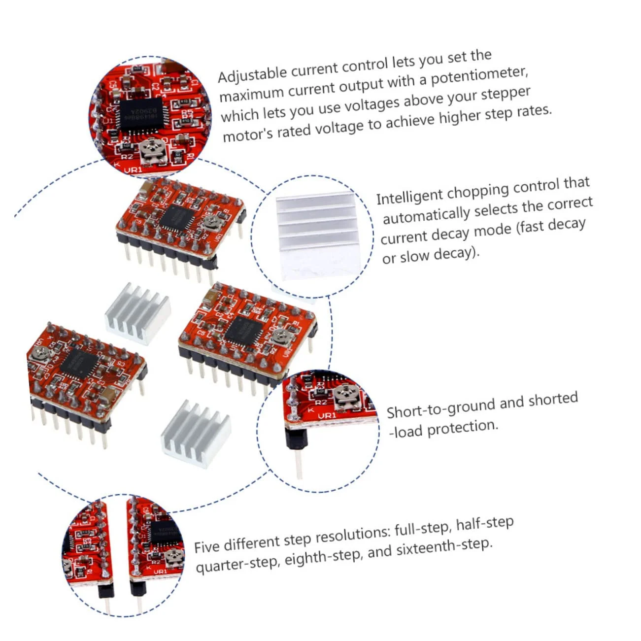 5 عدد ماژول درایور موتور پله ای با هیت سینک برای لوازم جانبی چاپگر، عملکرد فوق العاده بی صدا، محافظت در برابر دمای بیش از حد