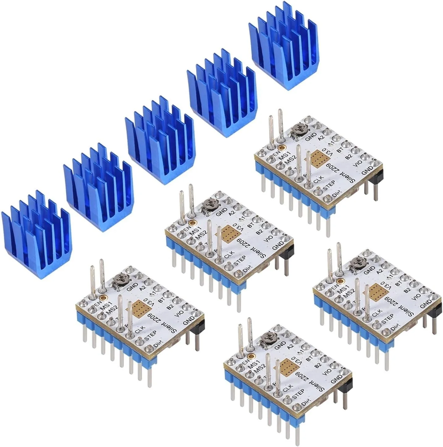 درایور موتور پله ای TMC2209 V3.0 برای پرینتر سه بعدی به همراه هیت سینک، جریان 2.8 آمپر پیک برای رمپز 1.4 درایور موتور پله ای TMC2209 V3.0 برای پرینتر سه بعدی به همراه هیت سینک، جریان 2.8 آمپر پیک برای رمپز 1.4