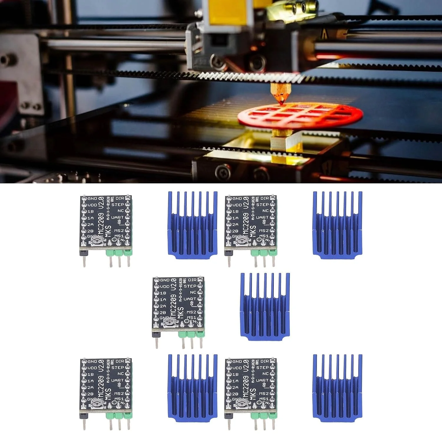 TMC2209، کیت هیت سینک درایور UART، خنک کننده سریع، تولید حرارت کم، 5 عدد ماژول درایور موتور پله ای برای پروژه های چاپ سه بعدی