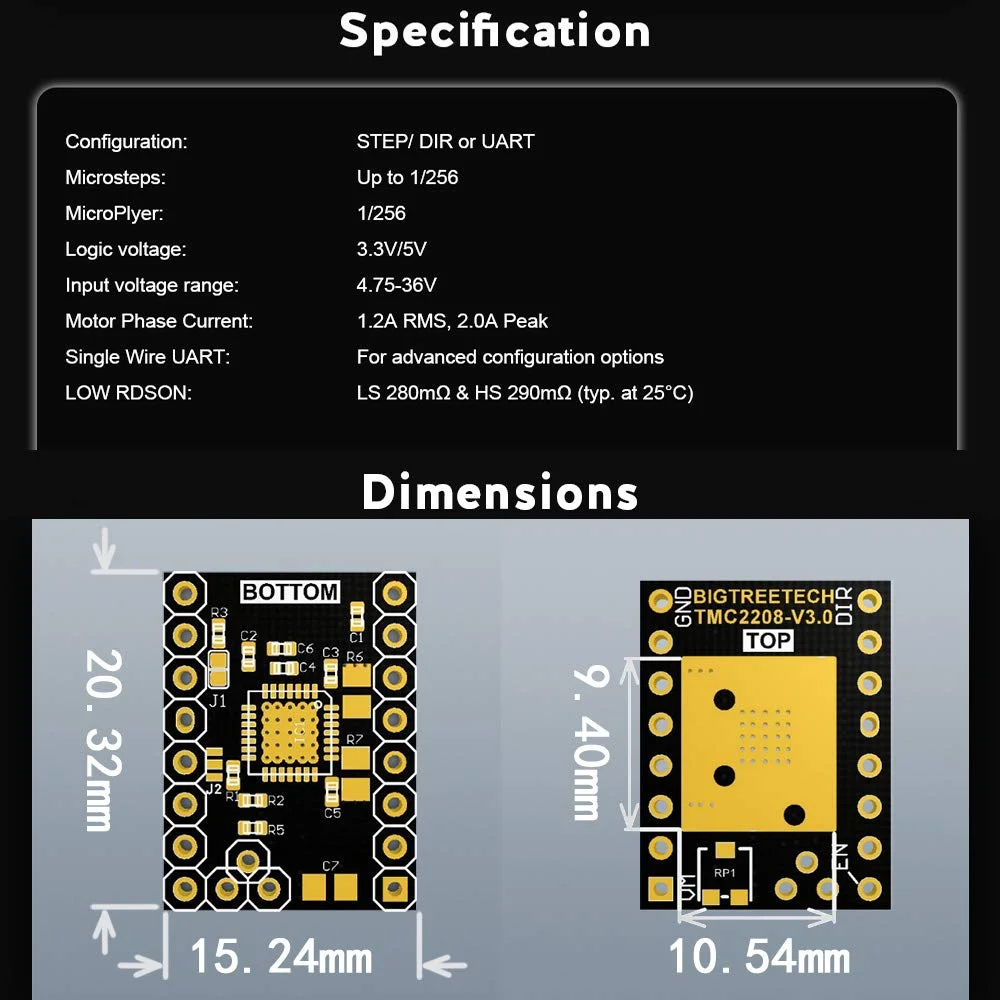 ماژول درایور موتور پله ای WitBot TMC2208 V3.0 به همراه هیت سینک دارای حالت UART سازگار با بردهای Ramps1.4 یا MKS Board SKR V1.3 برای پرینترهای سه بعدی (بسته 5 عددی) (Step/DIR) ماژول درایور موتور پله ای WitBot TMC2208 V3.0 به همراه هیت سینک دارای حالت UART سازگار با بردهای Ramps1.4 یا MKS Board SKR V1.3 برای پرینترهای سه بعدی (بسته 5 عددی) (Step/DIR)