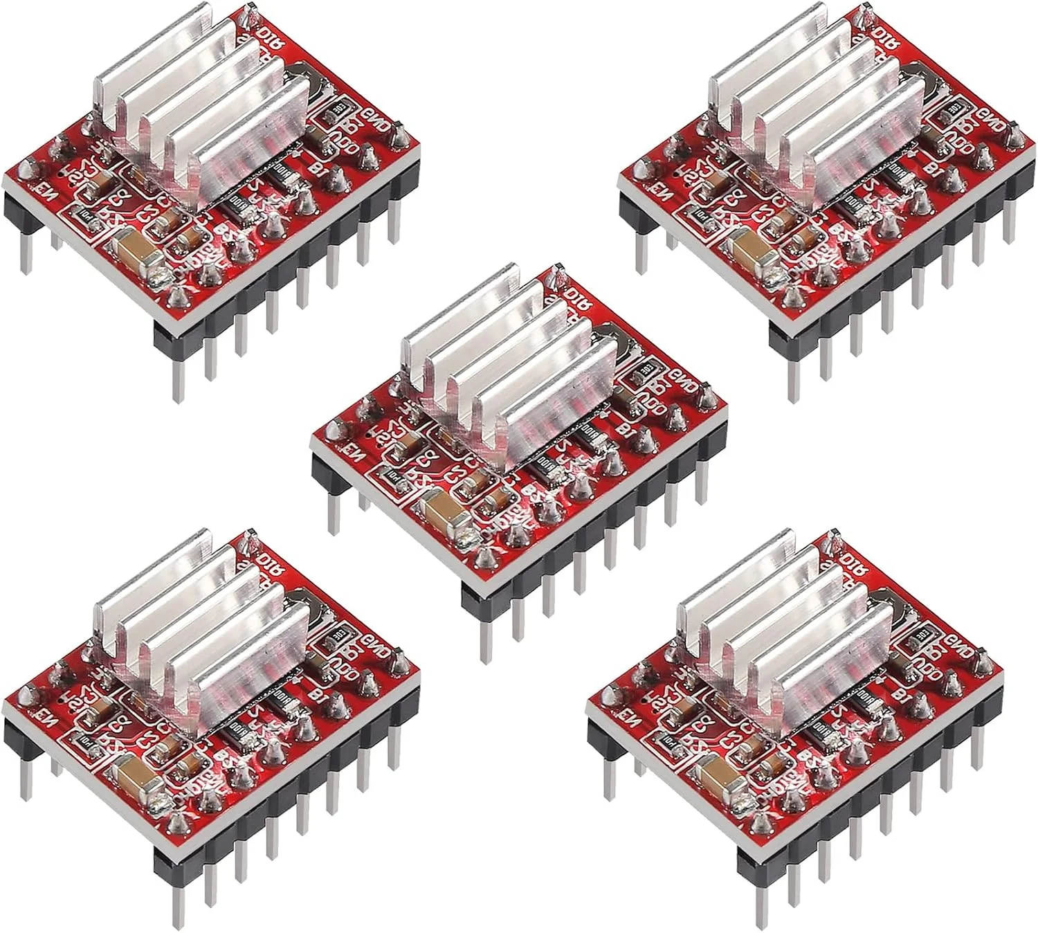 پنج عدد ماژول درایور موتور پله‌ای A4988 به همراه هیت سینک، مناسب برای چاپگرهای سه بعدی، قابل استفاده برای مندل، هاکسلی و آردوینو.