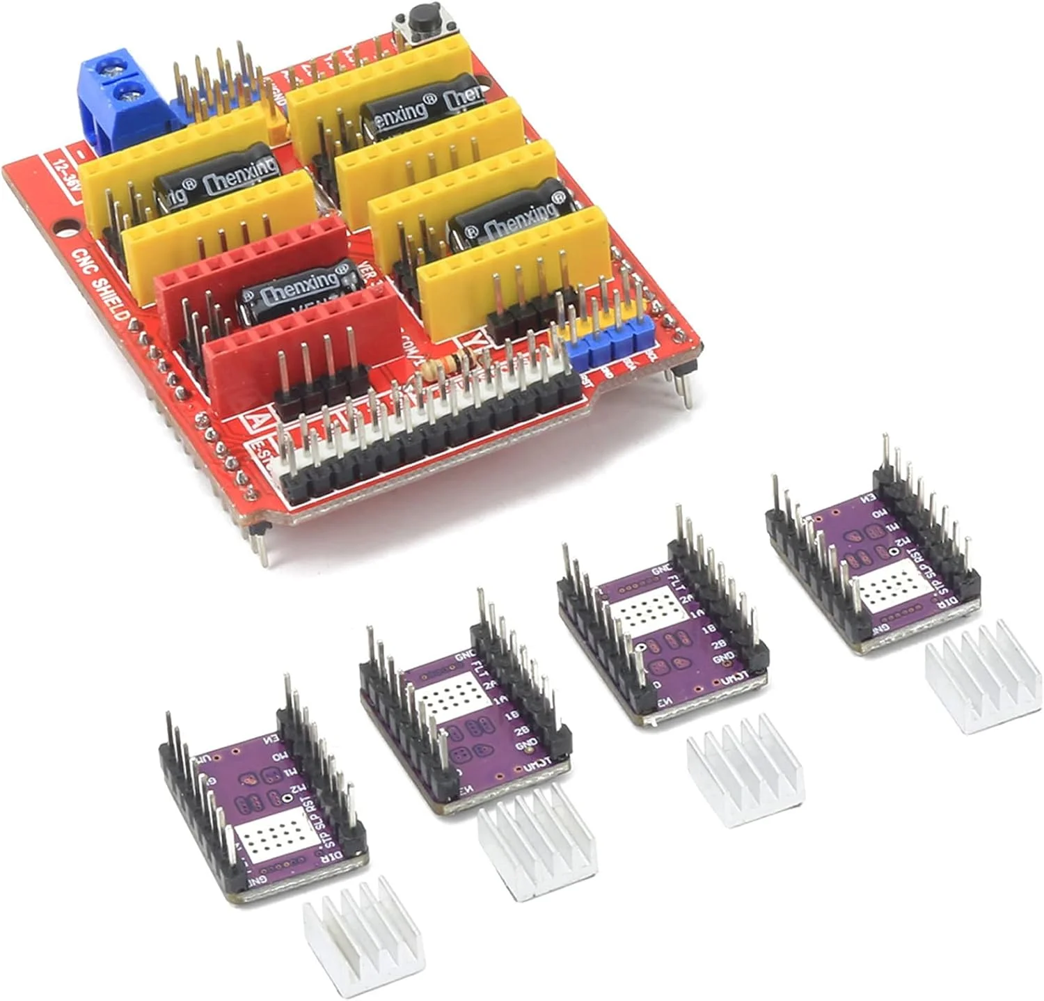 کیت کنترلر CNC رَتِموتور، برد توسعه شیلد CNC GRBL V3 با 4 عدد درایور موتور پله‌ای DRV8825 به همراه هیت سینک، سازگار با آردوینو IDE، مناسب برای دستگاه CNC روتر و پرینتر سه بعدی