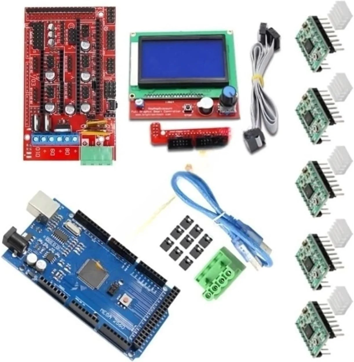مجموعه قطعات پرینتر سه بعدی Mega2560R3 + کنترلر Ramps 1.4 + پنل کنترل LCD 12864 + ماژول درایور استپر A4988 کامل