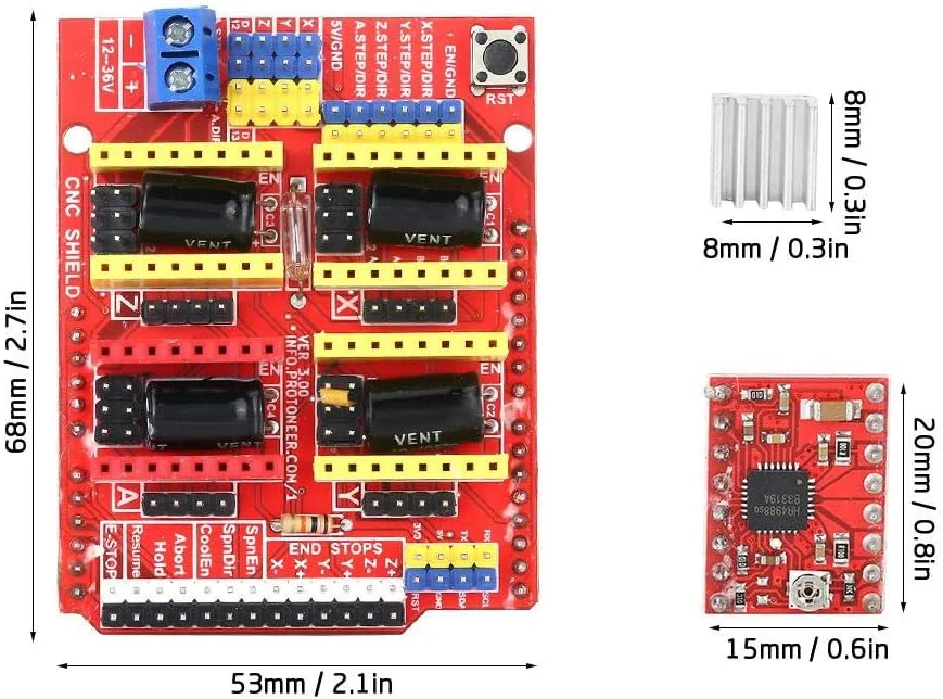 برد توسعه دستگاه حکاکی CNC V3 پرینتر سه بعدی به همراه 4 عدد ماژول درایور A4988 و 4 عدد رادیاتور