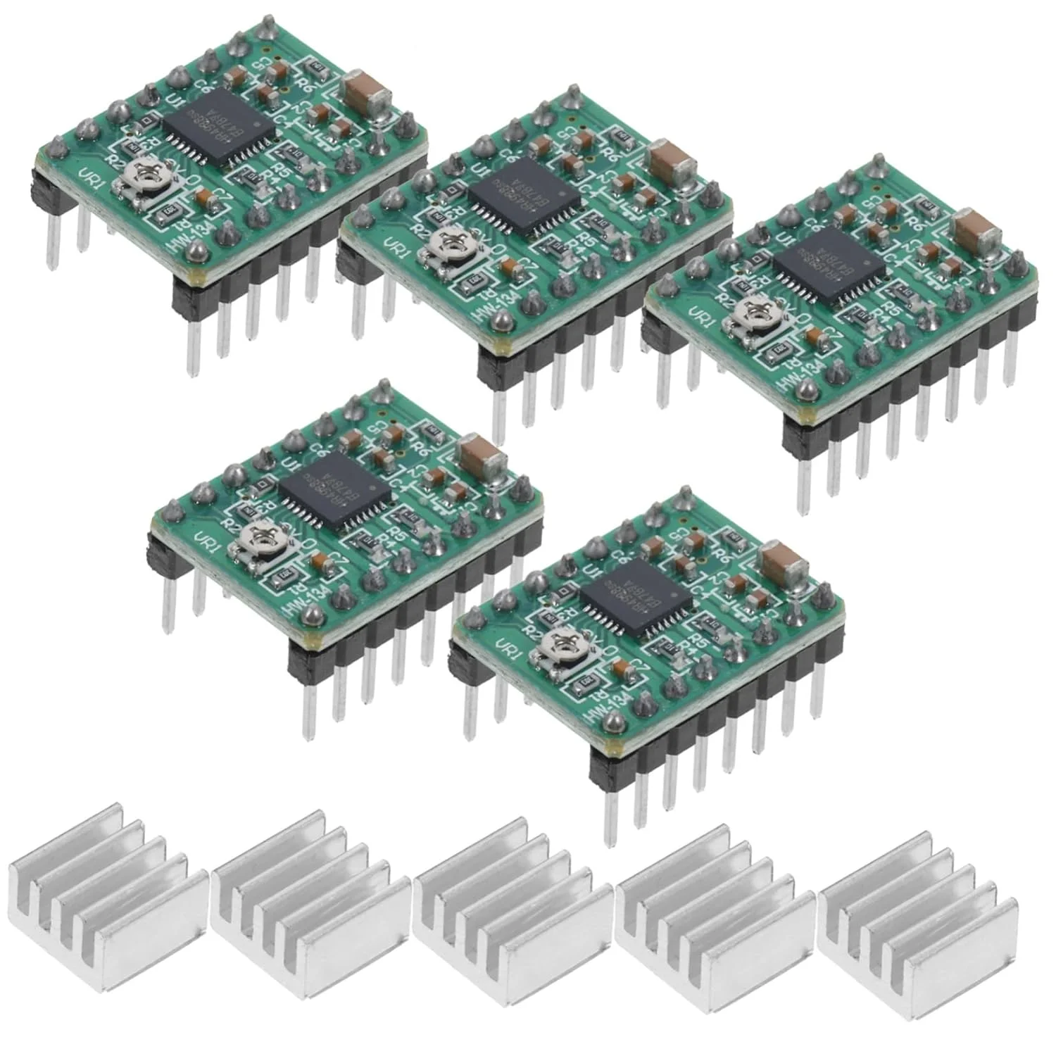 ماژول درایور موتور پله ای PRETYZOOM مدل A4988 به همراه هیت سینک و کنترل برای پرینترها و دستگاه های CNC، دارای پنج رزولوشن پله ای و محافظت های ایمنی (5 عدد)