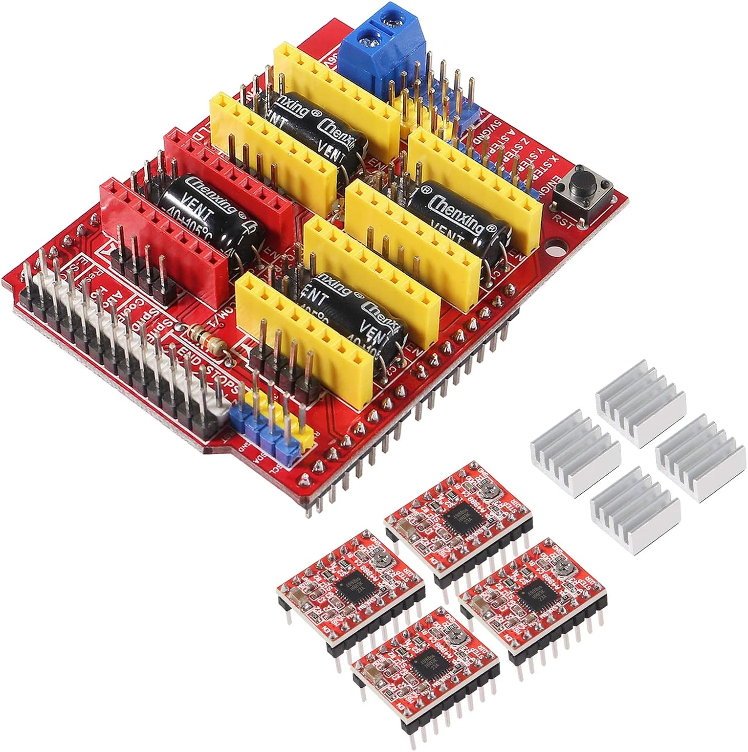 برد توسعه CNC Shield V3 حکاکی پرینتر سه بعدی با 4 عدد ماژول درایور A4988 و 4 عدد رادیاتور (کیت)