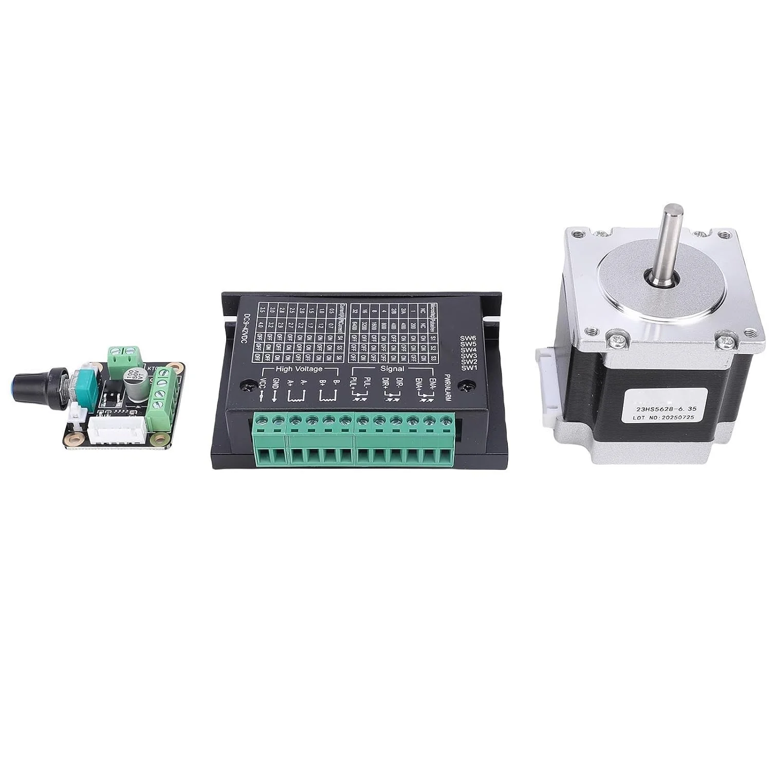 کیت درایور موتور پله ای هیبریدی 2 فاز 4 آمپر، کیت درایور موتور پله ای Nema23 مدل 23HS5628 با گشتاور 126N.cm، جریان 2.8 آمپر، طول 56 میلی متر و قطر شفت 6.35 میلی متر به همراه TB6600، موتور مناسب برای دستگاه حکاکی، پرینتر سه بعدی و CNC