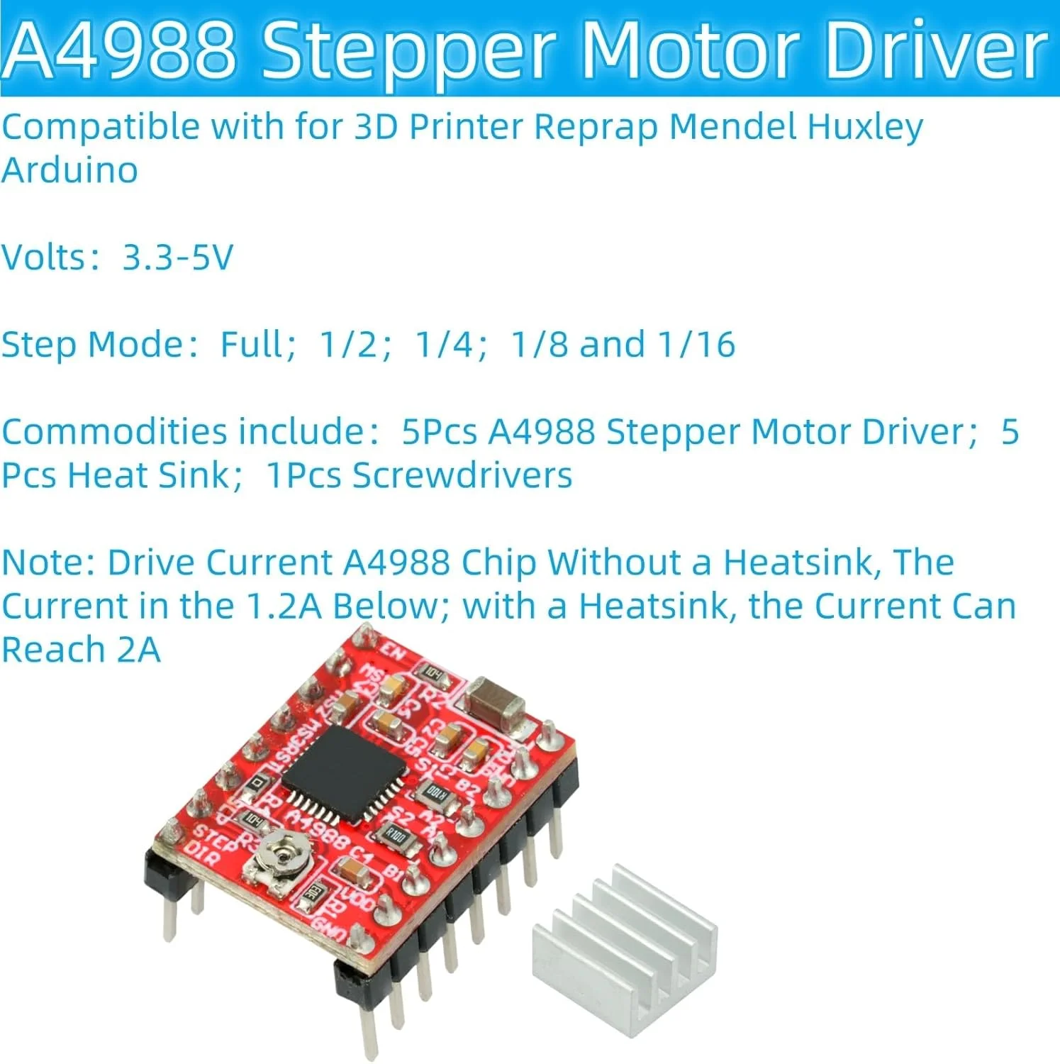5 عدد ماژول درایور موتور پله ای A4988 سازگار با پرینتر سه بعدی Reprap Mendel Huxley Arduino به همراه هیت سینک 5 عدد ماژول درایور موتور پله ای A4988 سازگار با پرینتر سه بعدی Reprap Mendel Huxley Arduino به همراه هیت سینک