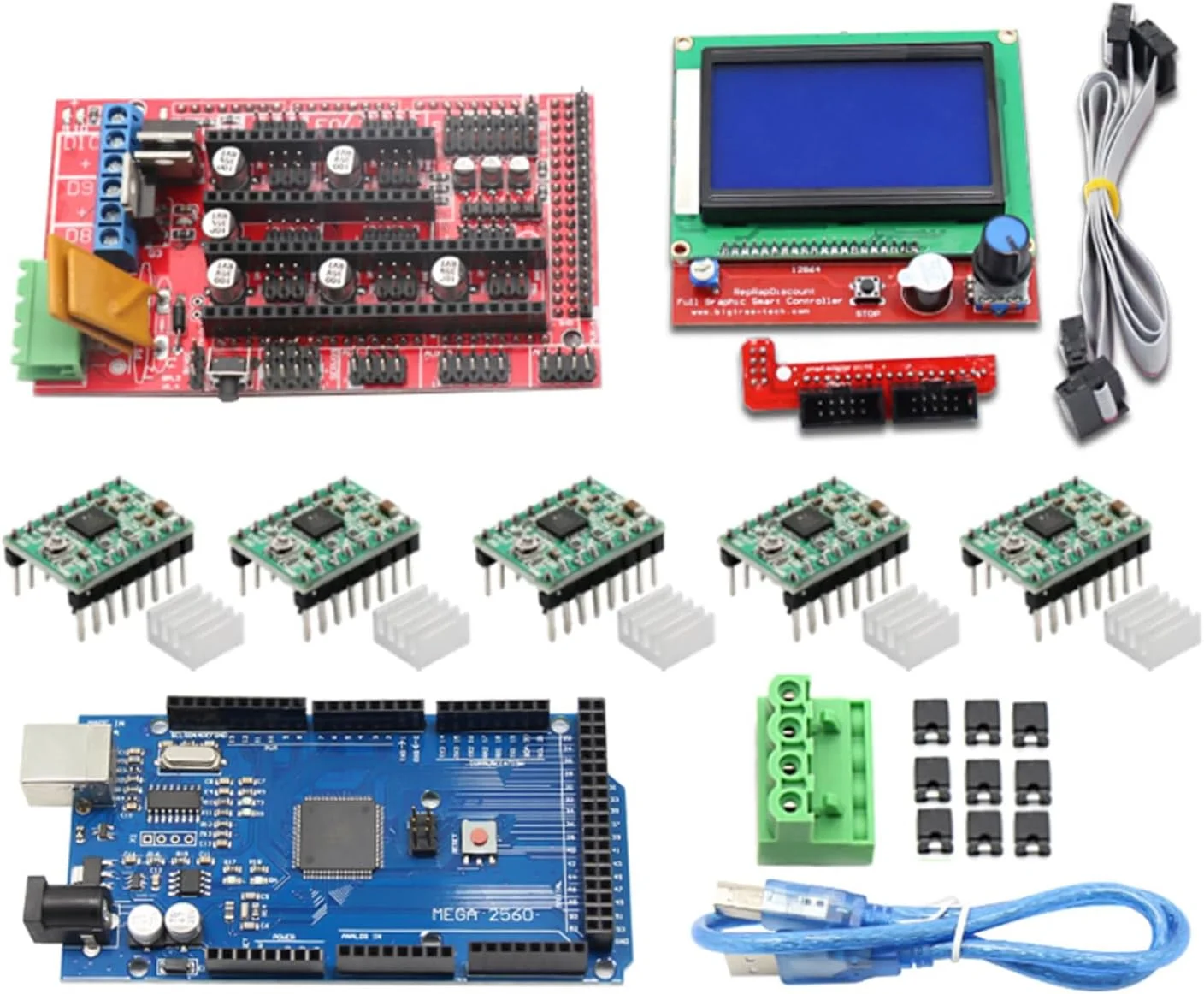 مجموعه کامل قطعات پرینتر سه بعدی شامل برد کنترلر Mega2560R3 + Ramps1.4 + پنل کنترل LCD 12864 + ماژول درایور استپر A4988