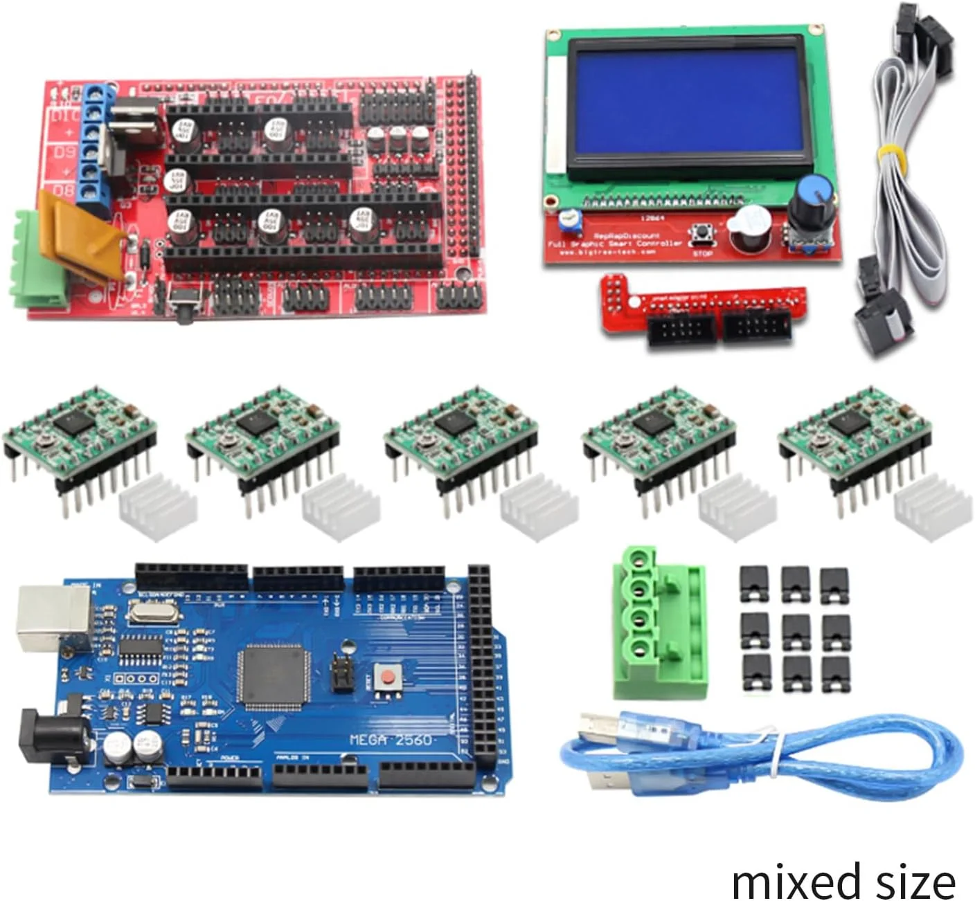 مجموعه کامل قطعات پرینتر سه بعدی شامل برد کنترلر Mega2560R3 + Ramps1.4 + پنل کنترل LCD 12864 + ماژول درایور استپر A4988 مجموعه کامل قطعات پرینتر سه بعدی شامل برد کنترلر Mega2560R3 + Ramps1.4 + پنل کنترل LCD 12864 + ماژول درایور استپر A4988