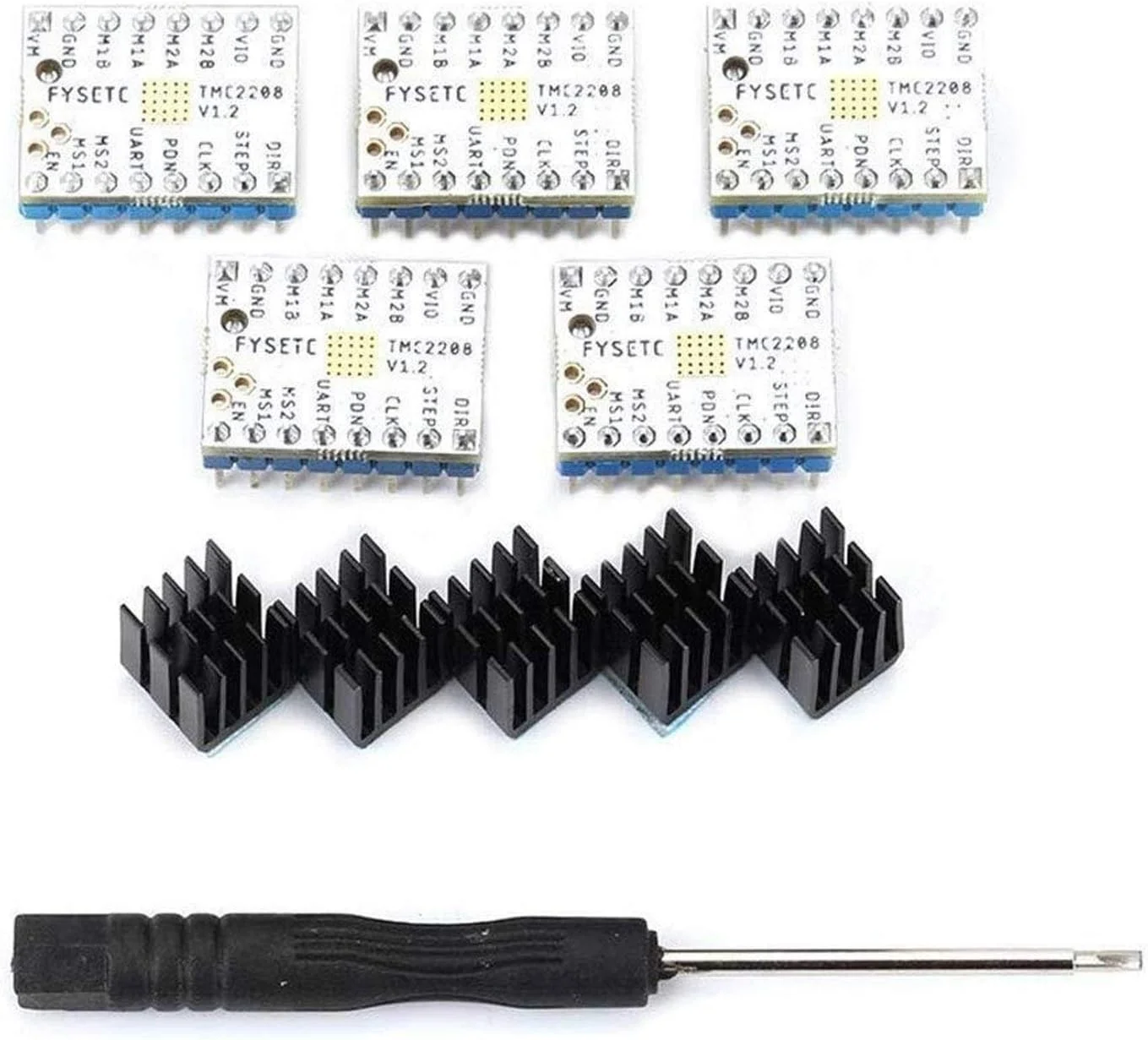 5 عدد درایور موتور پله ای پرینتر سه بعدی TMC2208 V1.2، ماژول حامل درایور موتور پله ای Stepstick با هیت سینک برای بردهای کنترلر پرینتر سه بعدی Ramps1.4 MKS Gen Ender-3 Pro