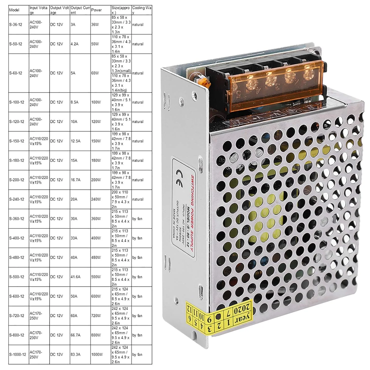 آداپتور درایور منبع تغذیه سوئیچینگ DC12V آلیاژ آلومینیوم برای صفحه نمایش LED، لایت بار، پرینتر سه بعدی، نوار LED (S-60-12 (بزرگ) (12V/5A/60W) AC100-240V)