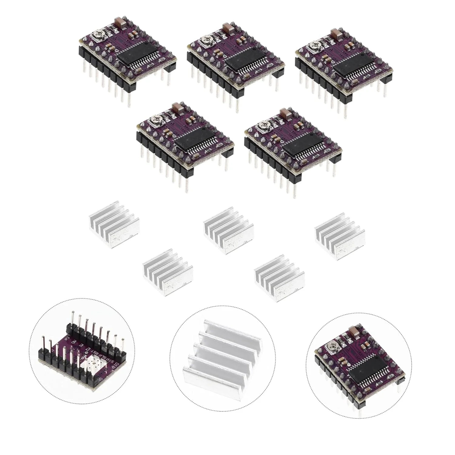 ۵ عدد ماژول استپر به همراه هیت سینک کوچک سازگار با پرینترها، دارای رزولوشن های میکرو استپینگ برای عملکرد بهبود یافته