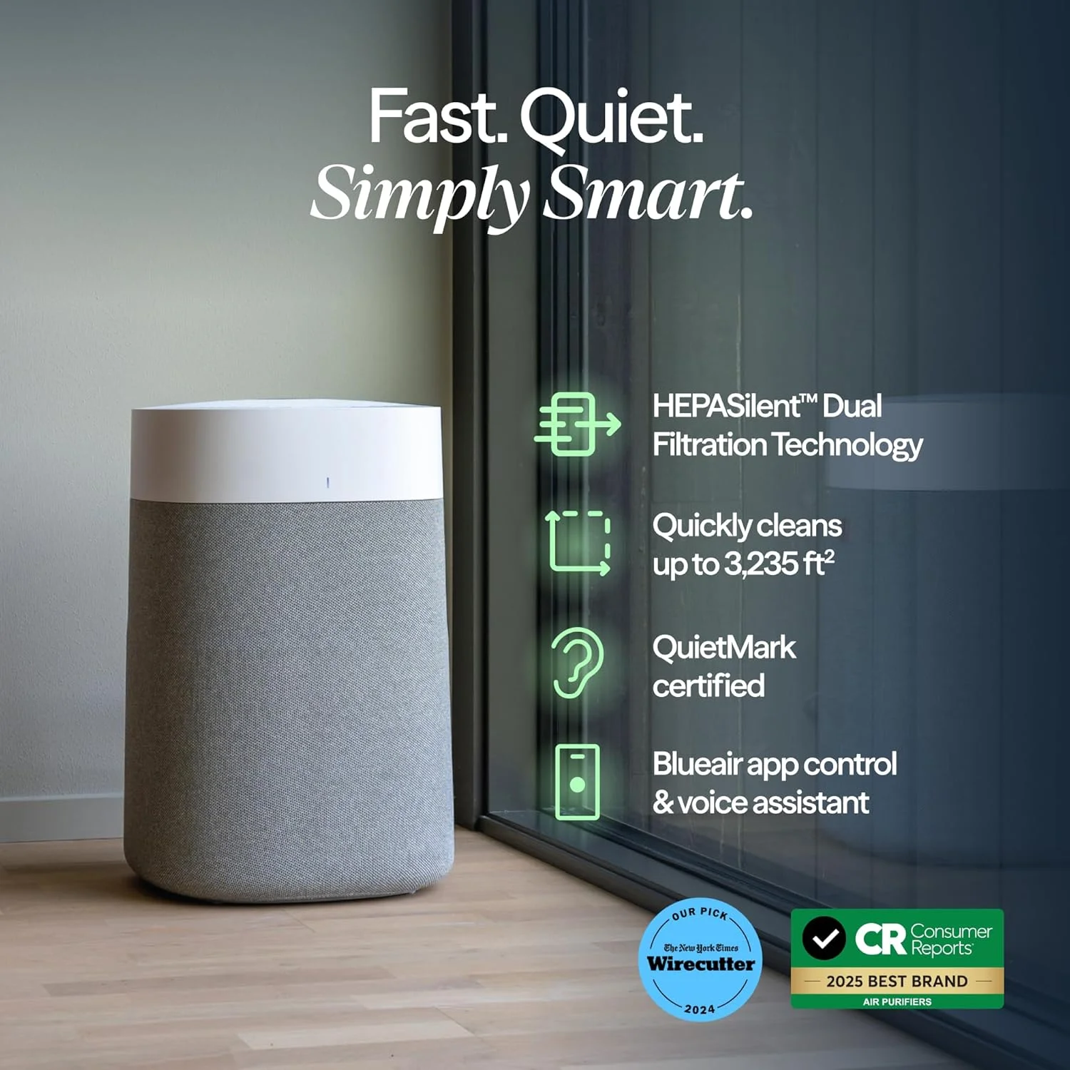 دستگاه تصفیه هوای بلوایر برای اتاق های بزرگ، تصفیه 283 متر مربع در یک ساعت، تصفیه کننده هوای هوشمند HEPASilent برای خانه، حیوانات خانگی، آلرژی، ویروس، گرد و غبار، کپک، دود - Blue Pure 211i Max