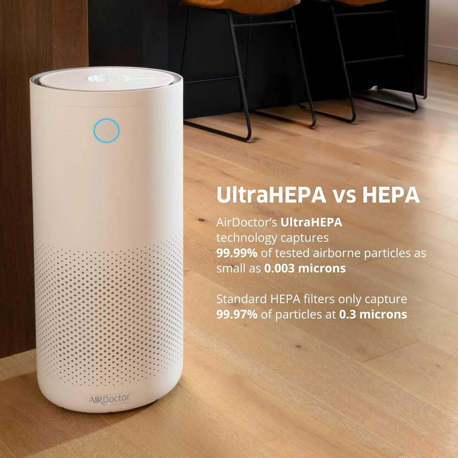 دستگاه تصفیه هوا AirDoctor 4000 برای اتاق های بزرگ | فناوری فیلتراسیون سه گانه با UltraHEPA، کربن/VOC و سنسور کیفیت هوا | جذب ذرات 100 برابر کوچکتر از استاندارد HEPA (سفید)