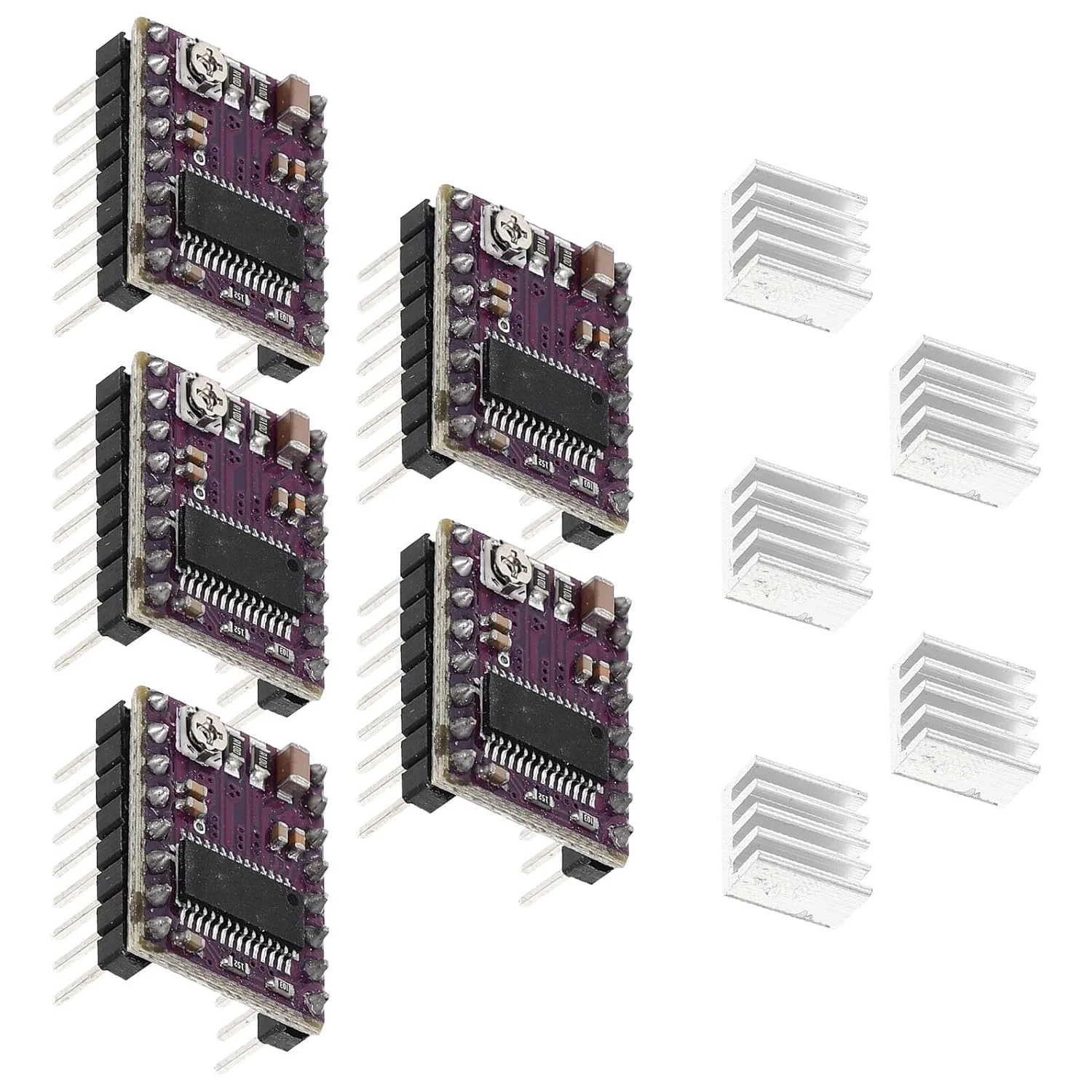 مجموعه ۵ عددی ماژول درایور موتور پله ای GALPADA برای پرینتر CNC به همراه PCB و هیت سینک کوچک، برد کنترل میکرو استپینگ سازگار با موتورها، پشتیبانی از شش رزولوشن استپینگ