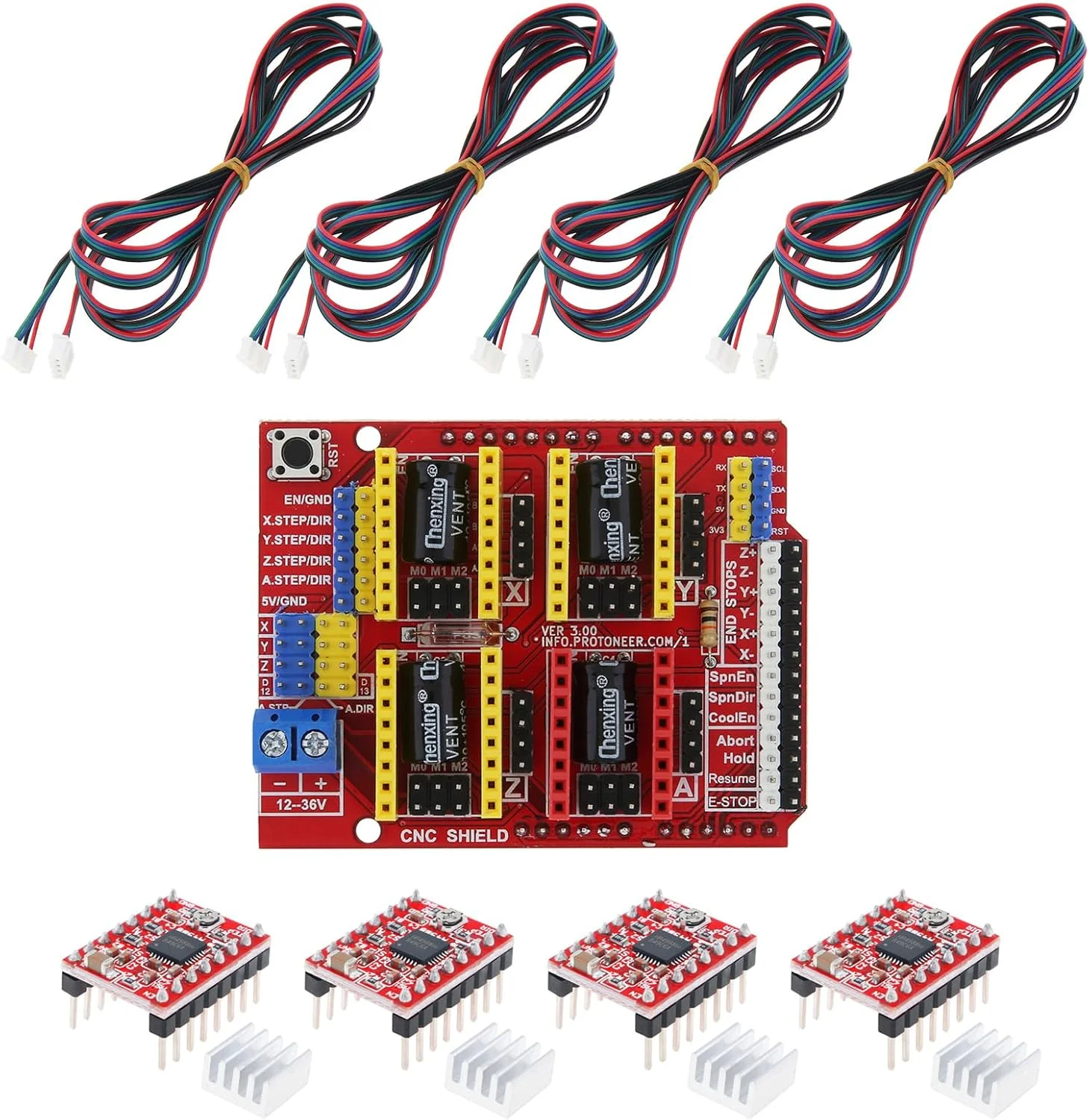 برد توسعه CNC Shield V3.0 + 4 عدد درایور موتور پله ای A4988 به همراه هیت سینک + 4 عدد کابل موتور پله ای 1.5 متری برای پرینتر سه بعدی / حکاکی DC 12V تا 36V