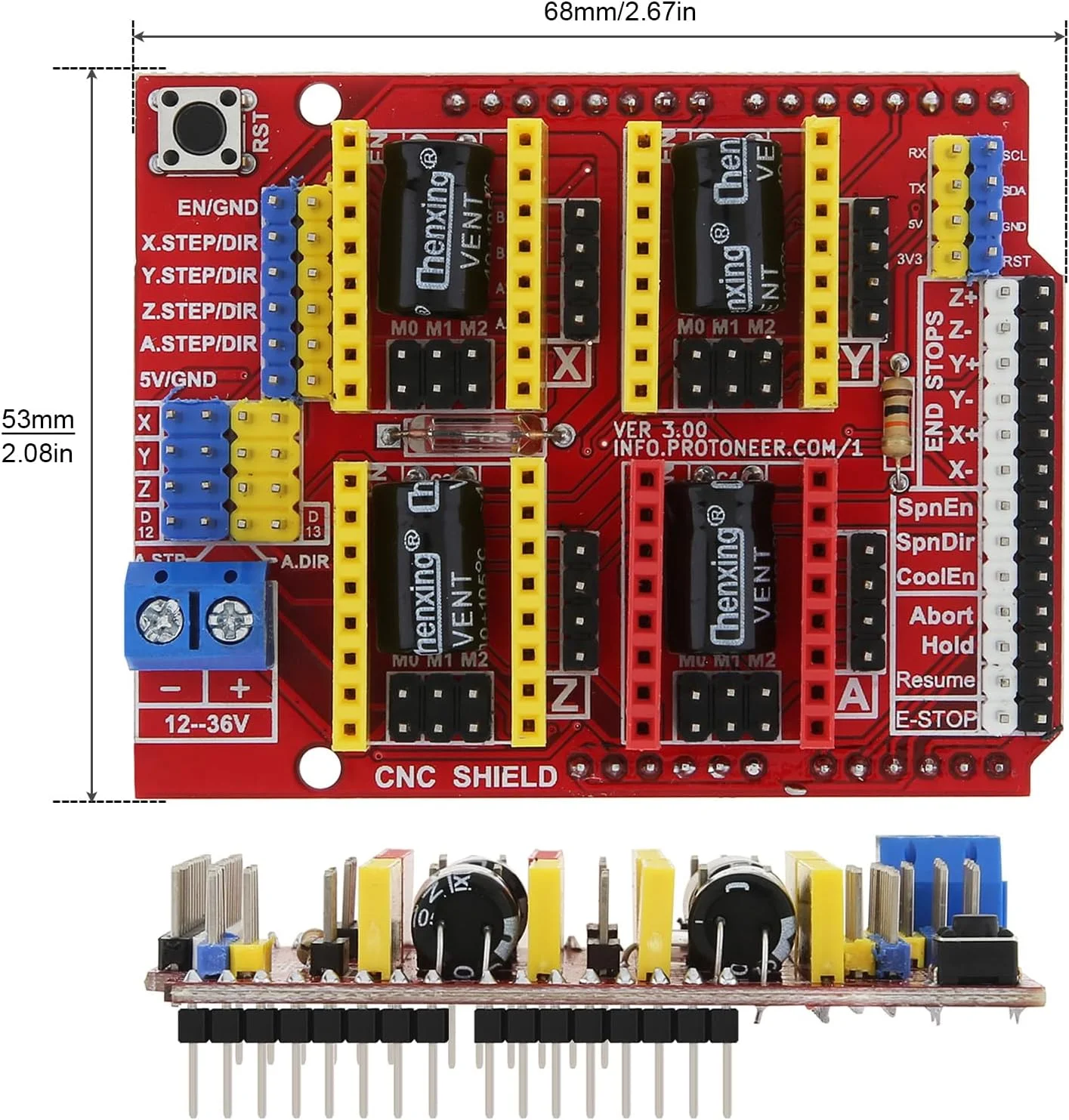 برد توسعه CNC Shield V3.0 + 4 عدد درایور موتور پله ای A4988 به همراه هیت سینک + 4 عدد کابل موتور پله ای 1.5 متری برای پرینتر سه بعدی / حکاکی DC 12V تا 36V