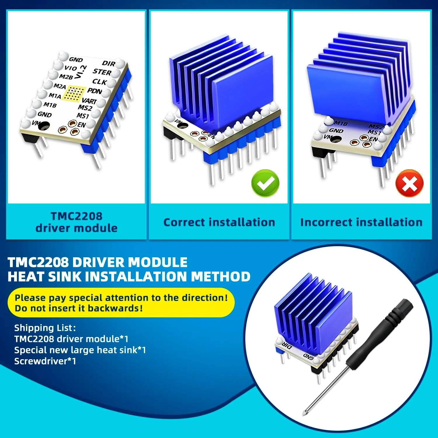 6 عدد درایور موتور پله ای TMC2208 V1.2 پرینتر سه بعدی به همراه هیت سینک و پیچ گوشتی برای بردهای کنترلر پرینتر سه بعدی Reprap Ramps1.4 MKS Gen Ender-3 Pro