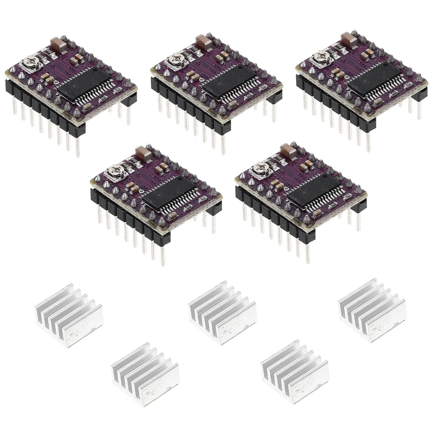 مجموعه 5 عددی ماژول درایور موتور پله ای با هیت سینک کوچک PCB برای پرینتر و دستگاه های CNC کوچک، سازگار با موتورها، دارای شش رزولوشن میکرو استپینگ برای کنترل دقیق