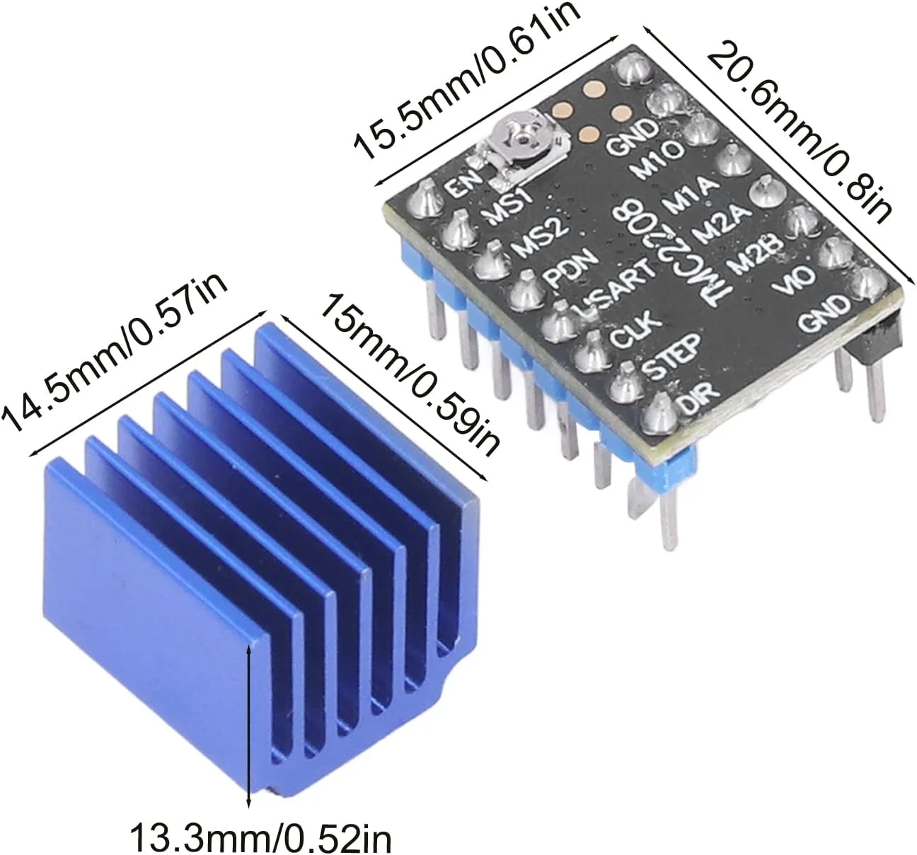ماژول درایور موتور پله ای بی صدا TMC2208 V2.0 برای کنترل موتور چاپگر سه بعدی، جریان 2 آمپر، سازگار با الکترونیک موجود، آلیاژ آلومینیوم و مواد PCB ماژول درایور موتور پله ای بی صدا TMC2208 V2.0 برای کنترل موتور چاپگر سه بعدی، جریان 2 آمپر، سازگار با الکترونیک موجود، آلیاژ آلومینیوم و مواد PCB