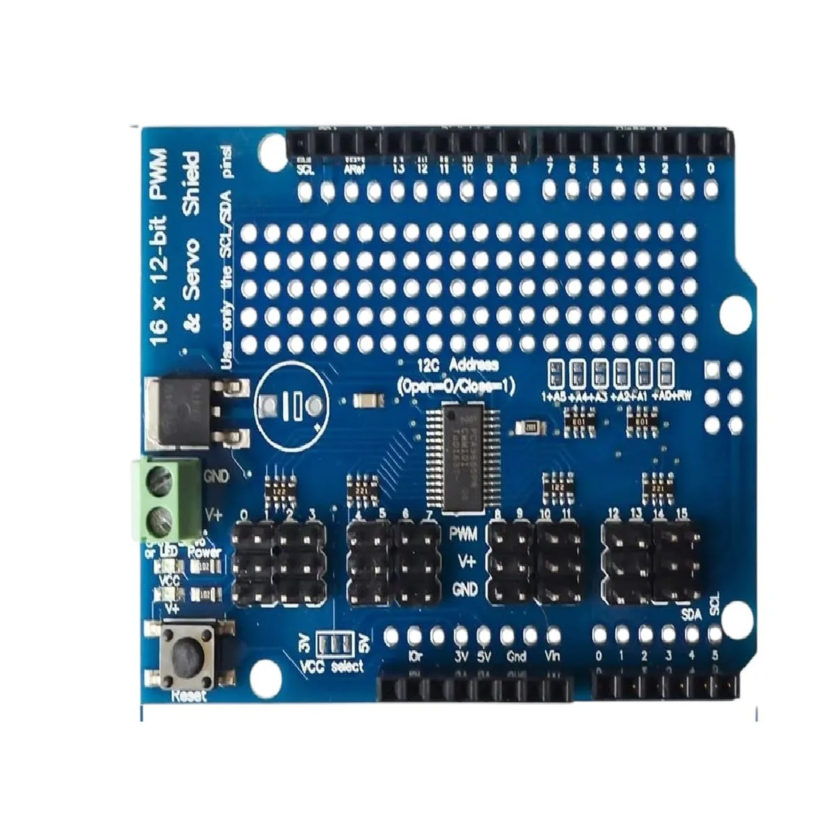 ماژول شیلد 16 کانال PWM/Driver-I2C با رابط PCA9685، محصول جدید و با کیفیت عالی ماژول شیلد 16 کانال PWM/Driver-I2C با رابط PCA9685، محصول جدید و با کیفیت عالی