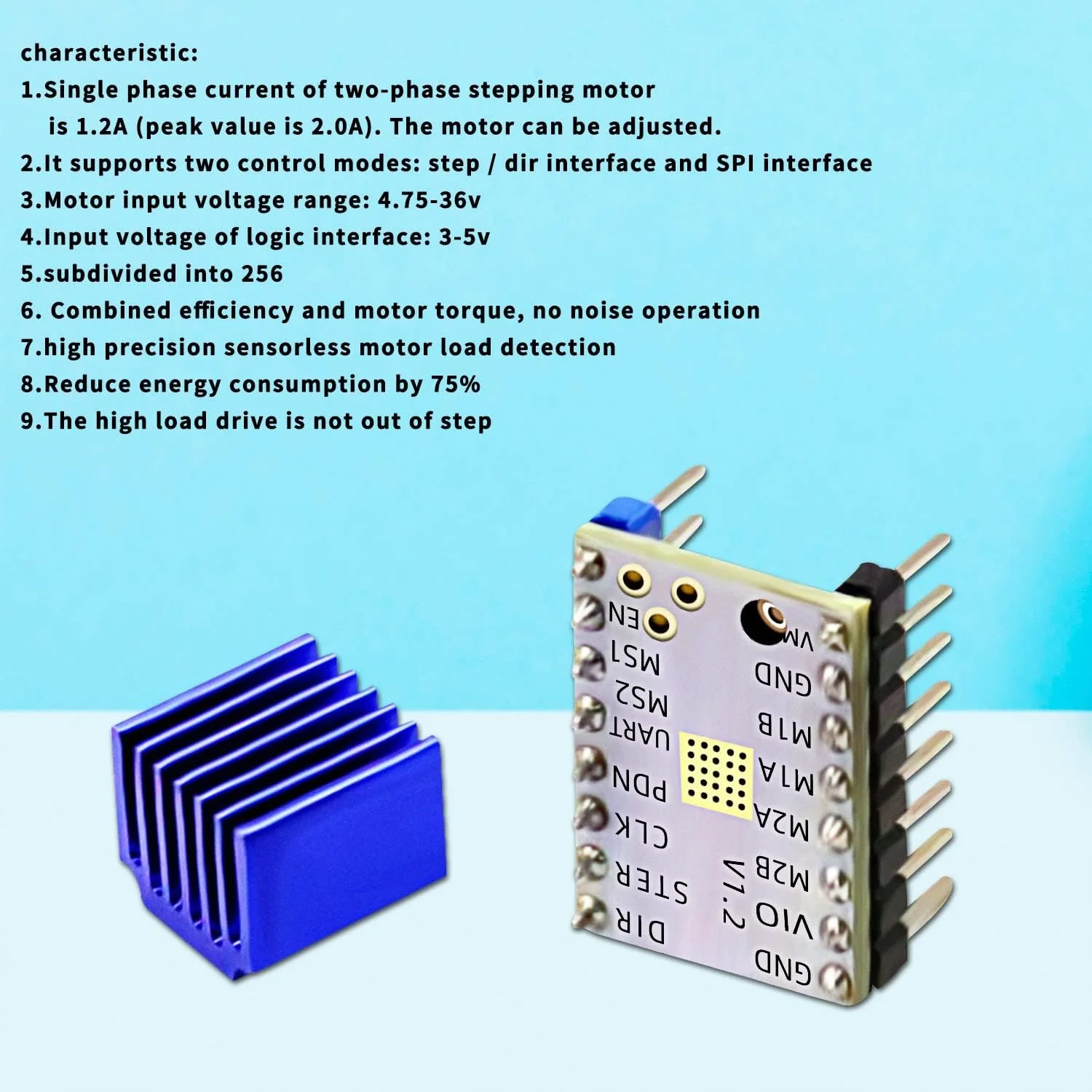 درایور موتور پله ای پرینتر سه بعدی TMC2208، بسته 5 عددی ماژول درایور پله ای TMC2208 V1.2 با هیت سینک برای بردهای اصلی کنترلر پرینتر سه بعدی Ramps 1.4 MKS Gen Mega i3 Ender-3 Pro