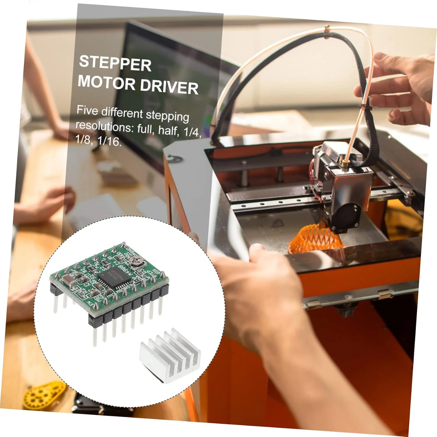 پنج عدد ماژول درایور موتور پله‌ای با هیت سینک برای پرینتر، با رزولوشن‌های پله‌ای کامل و نصفه و محافظت از مدار و رابط