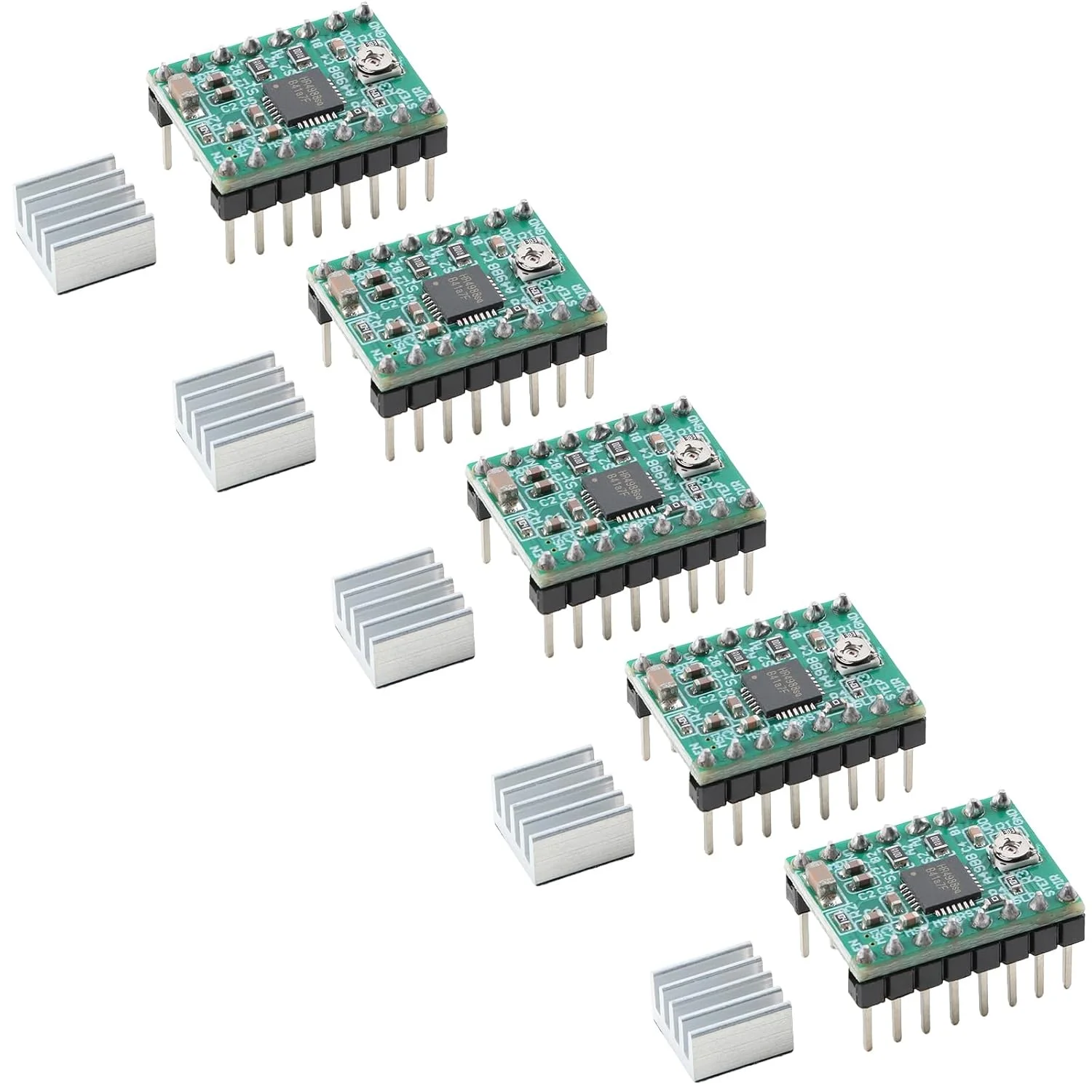 5 عدد برد درایور موتور پله ای A4988 با هیت سینک برای پرینترهای سه بعدی، ماژول سبز