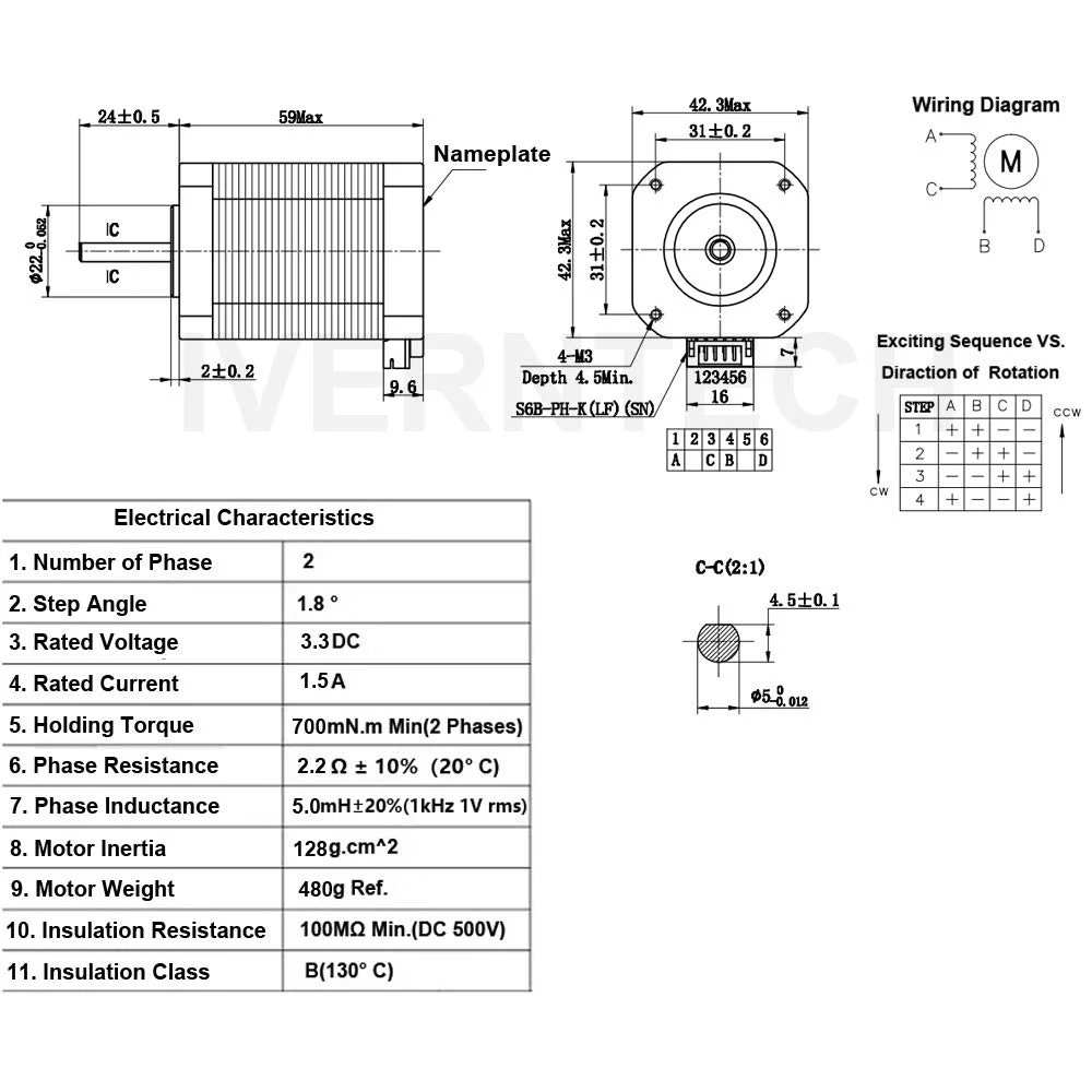 موتور پله ای آیورن تک Nema 17 بدنه 42x60mm زاویه پله 1.8 آمپر 1.5A دو فاز 4 سیم با کابل 1 متری برای پرینتر سه بعدی، دستگاه CNC و رباتیک