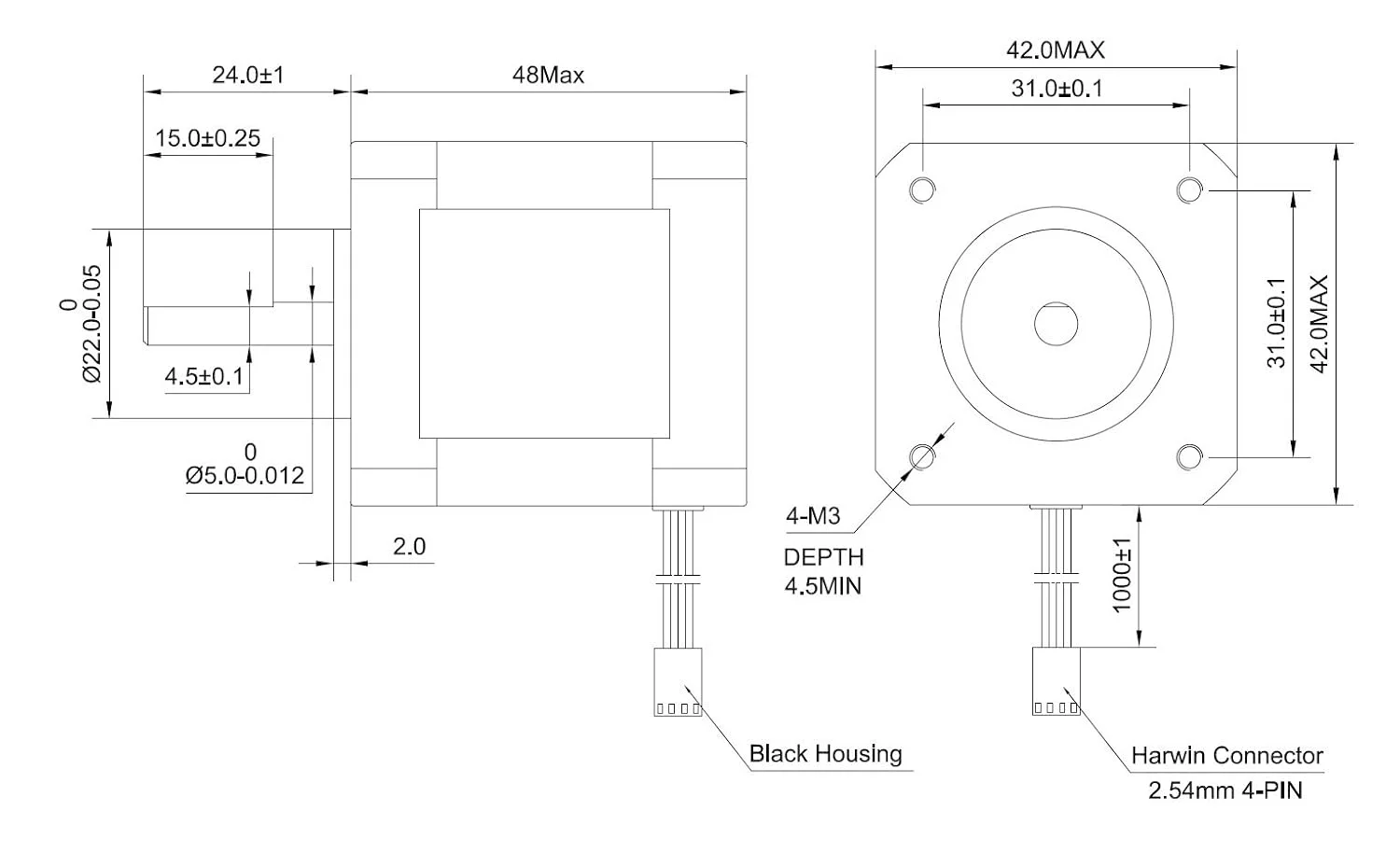 موتور پله ای دو قطبی Nema 17، 2 آمپر، 59Ncm (84oz.in)، بدنه 48 میلی متری، 4 سیم با کابل 1 متری و کانکتور سازگار با پرینتر سه بعدی/CNC