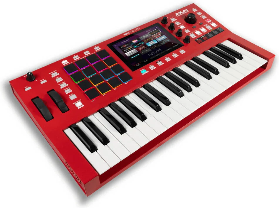 کنترلر AKAI Professional MPC Key 37، کیبورد MPC مستقل، کنترلر کیبورد تولید هیبریدی با بیش از 1000 پریست، افترتاچ پلی‌فونیک، صفحه لمسی 7 اینچی، حافظه 32 گیگابایتی، قرمز | MPCKEY37XEUK