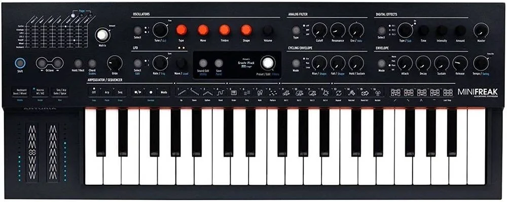 سینتی سایزر پلی فونیک هایبرید Arturia MiniFreak - موتورهای دیجیتال 6 صدایی با فیلترهای آنالوگ، کیبورد 37 کلاویه ای با Aftertouch، سکوئنسر و FX داخلی، مشکی | 571001
