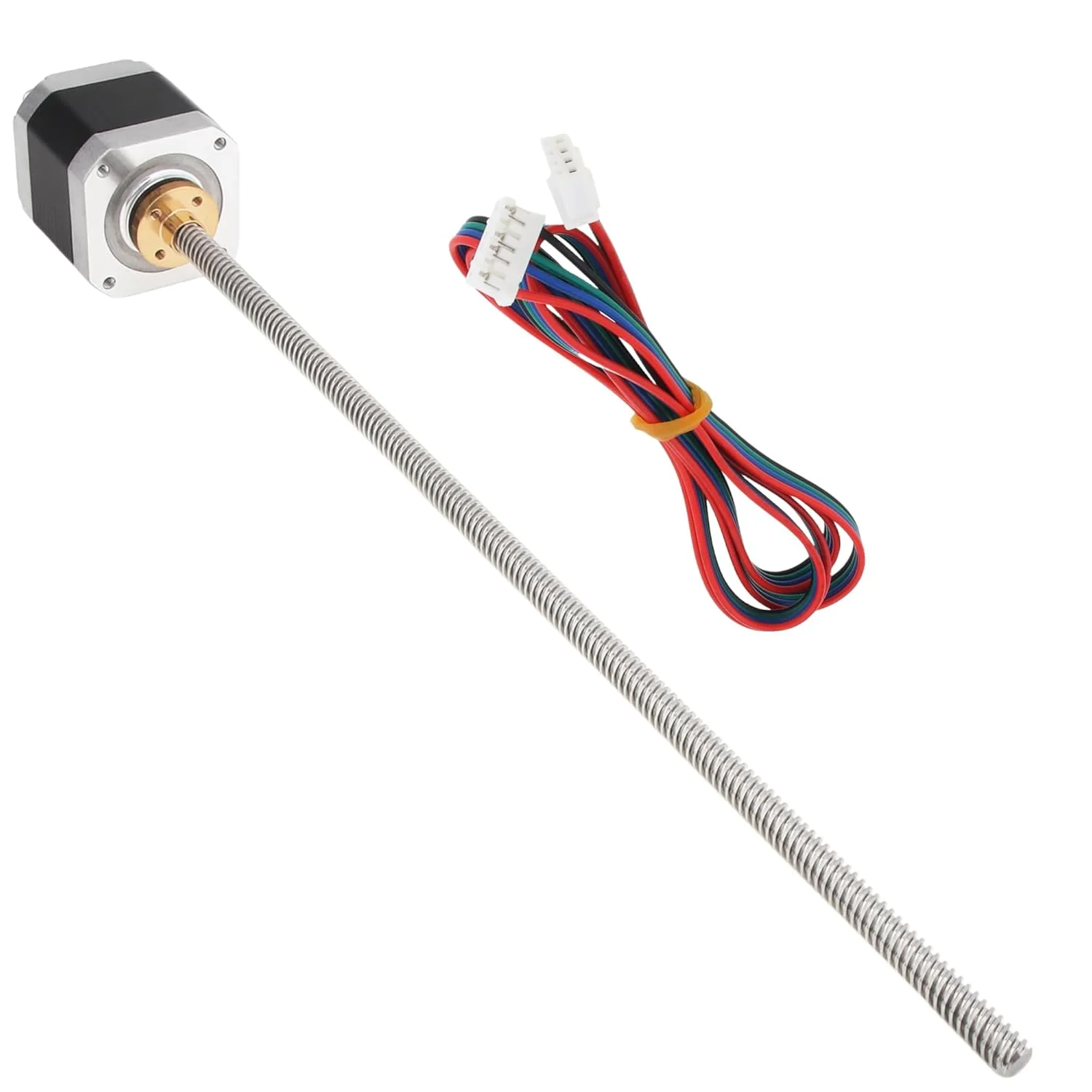 موتور پله ای NEMA 17 مدل 42x40mm به همراه پیچ سربی T8 یکپارچه 300 میلی متری مناسب برای محور Z پرینترهای سه بعدی RepRap Prusa i3، به همراه مهره برنجی و کابل 800 میلی متری