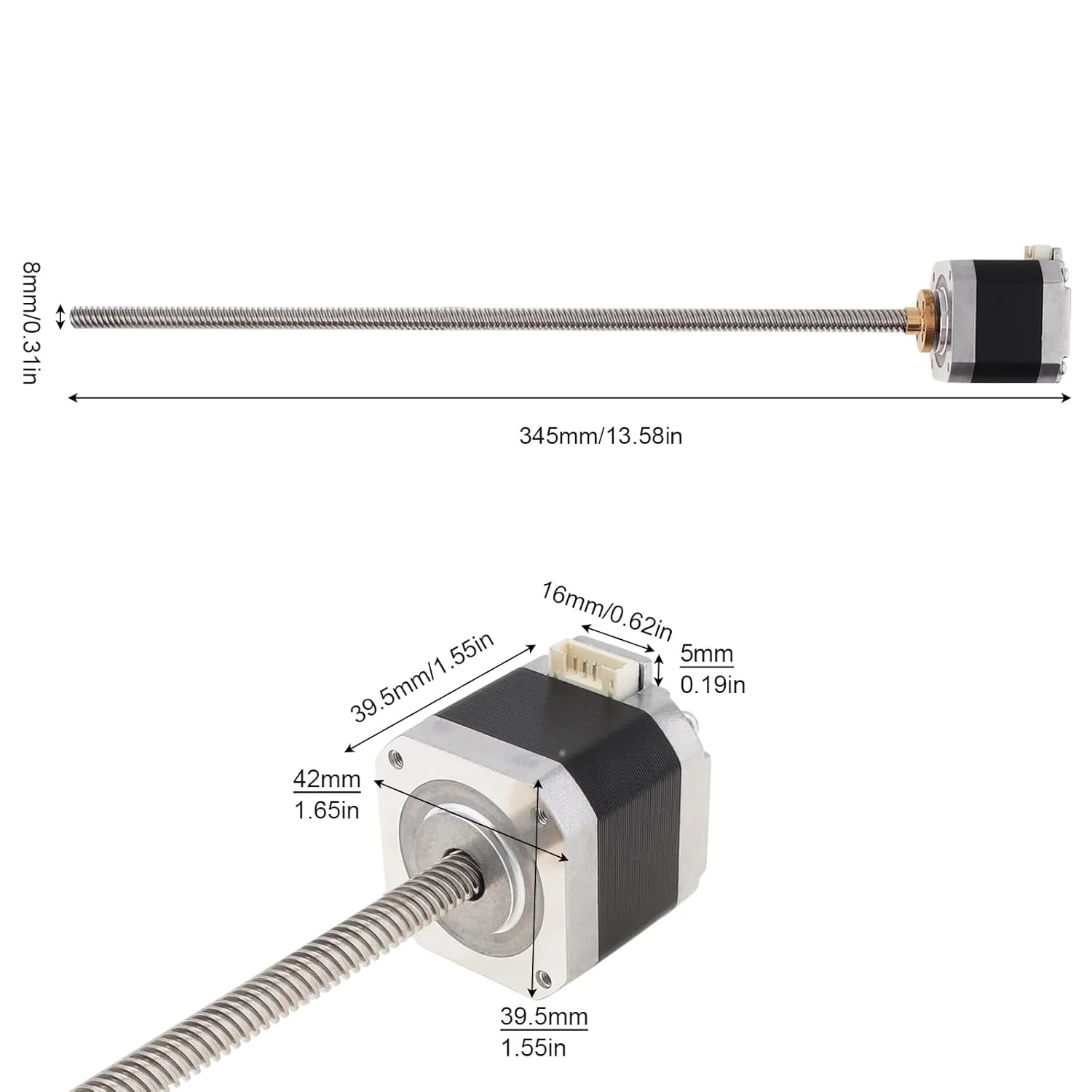 موتور پله ای NEMA 17 مدل 42x40mm به همراه پیچ سربی T8 یکپارچه 300 میلی متری مناسب برای محور Z پرینترهای سه بعدی RepRap Prusa i3، به همراه مهره برنجی و کابل 800 میلی متری