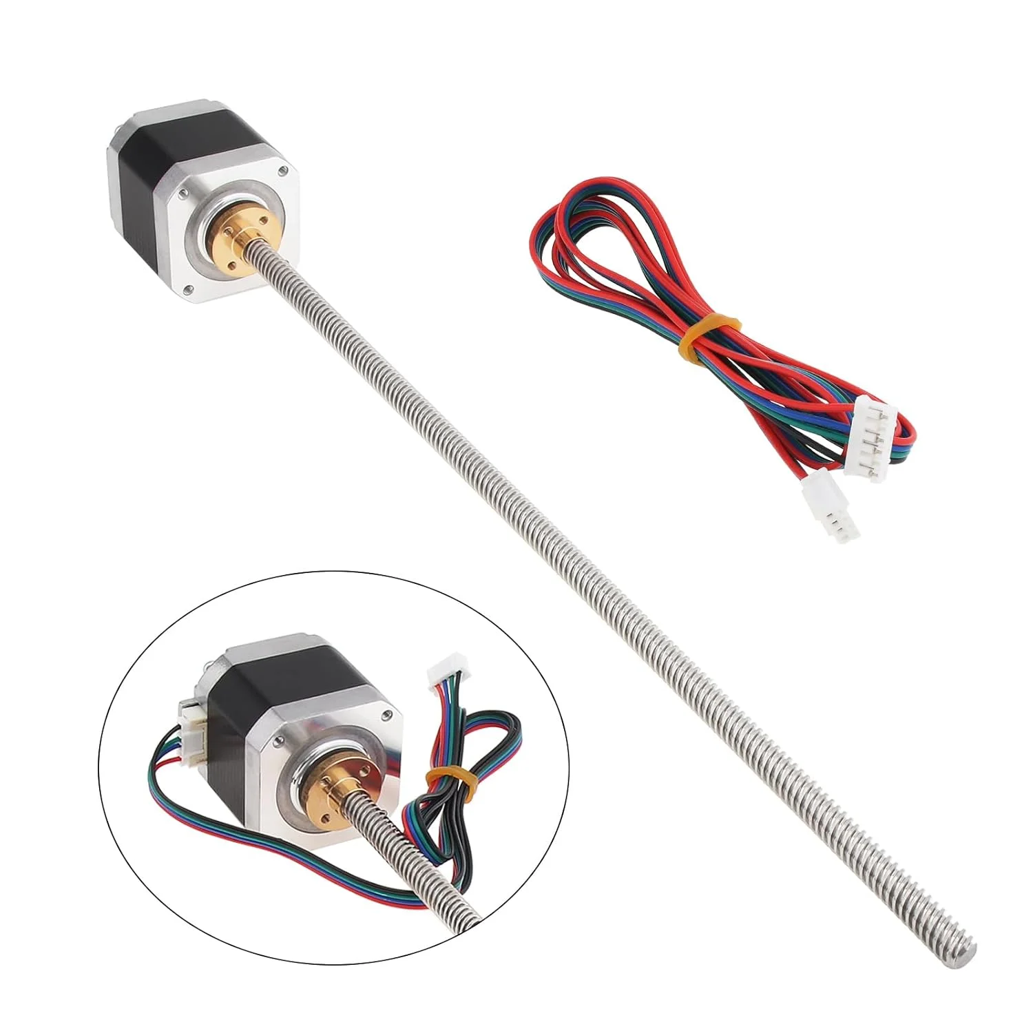 موتور پله ای NEMA 17 مدل 42x40mm به همراه پیچ سربی T8 یکپارچه 300 میلی متری مناسب برای محور Z پرینترهای سه بعدی RepRap Prusa i3، به همراه مهره برنجی و کابل 800 میلی متری
