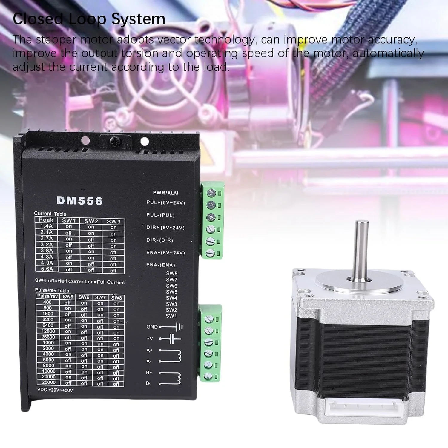 کیت موتور پله‌ای حلقه بسته Diydeg Nema 23، کیت CNC با موتور 56 میلی‌متری Nema 23 با گشتاور 126N.cm و جریان 2.8 آمپر به همراه کابل و درایور پله‌ای حلقه بسته 2 فاز DM556 برای پرینتر سه بعدی و دستگاه حکاکی