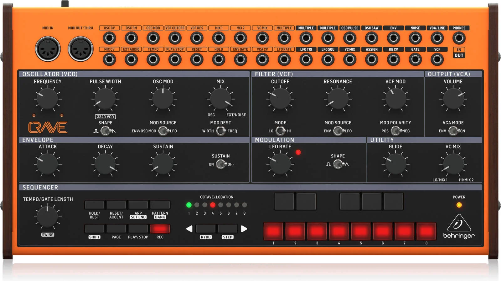 سینتی سایزر آنالوگ نیمه ماژولار Behringer CRAVE با VCO 3340، فیلتر نردبانی کلاسیک، سکوئنسر 32 مرحله ای و زنجیره پُلی 16 صدایی | CRAVE