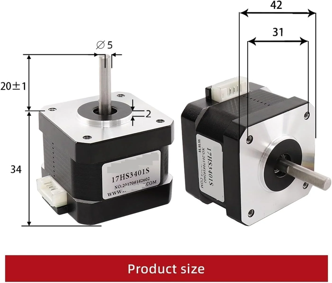 موتور پله ای 1.8 درجه Nema 17، 1.3 آمپر، 28N.cm، 4 سیم، 17HS3401S-D 42BYGH34، قطعات دستگاه لبه زن دنده کرمی، پرینتر سه بعدی 12 ولت