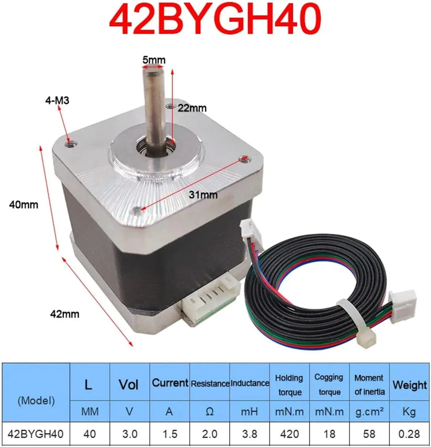 موتور پله ای 40 میلی متری با گشتاور بالا موتور 42 موتور پله ای Nema17 1.7A 0.45NM مناسب برای ماشین آلات و پرینتر سه بعدی