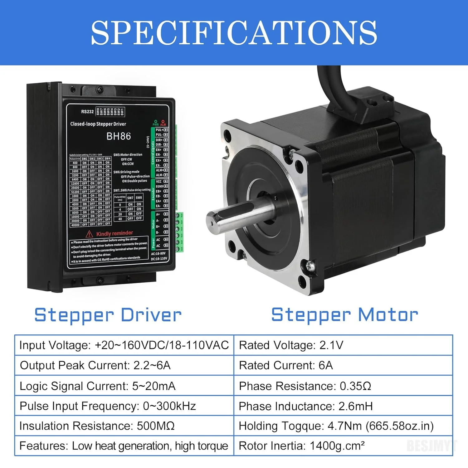 کیت موتور پله‌ای حلقه بسته Nema 34 با درایور 4.7Nm/665.58oz.in، موتورهای پله‌ای با کنترل 1.8 درجه 2 فاز با کنترلر برای پرینتر سه بعدی