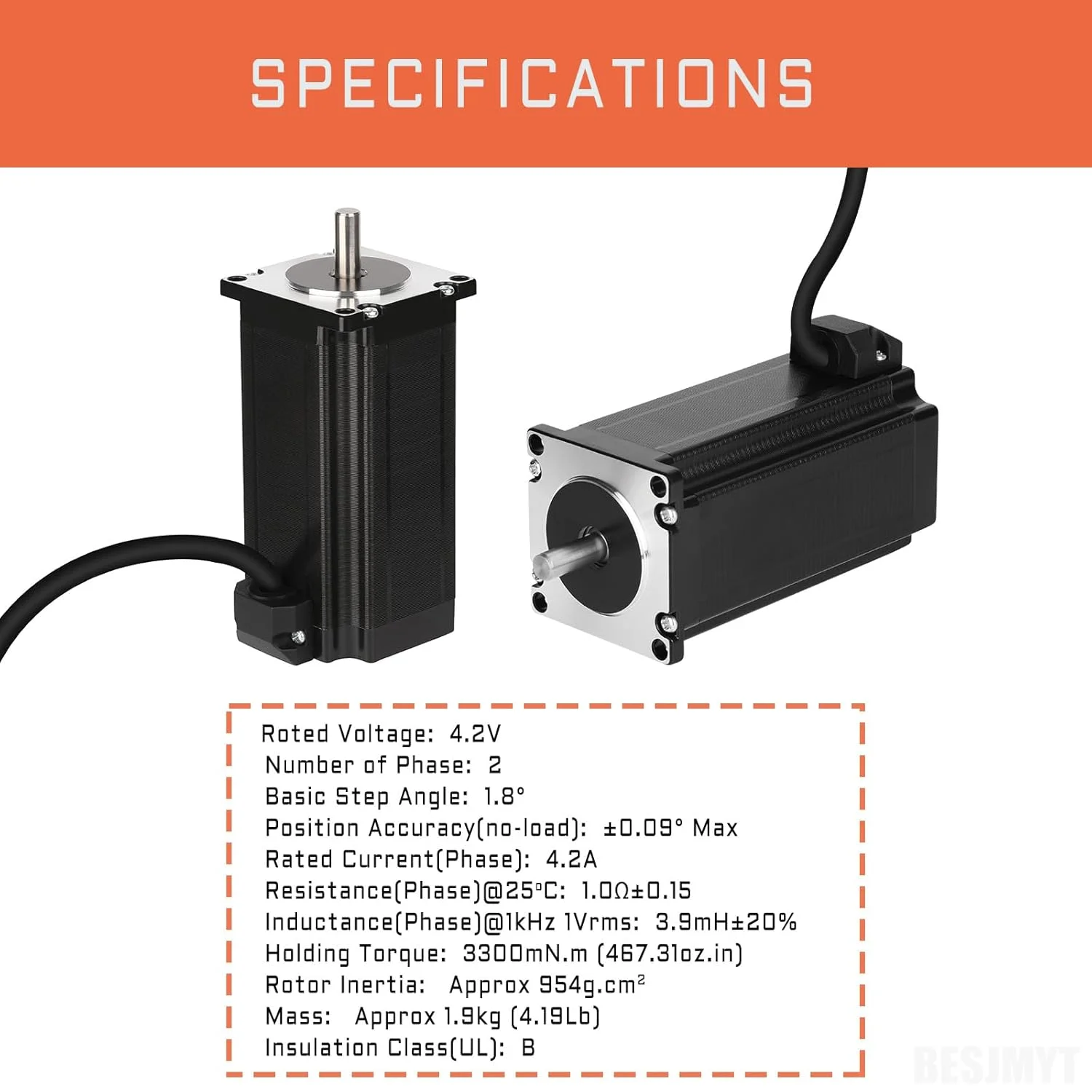 موتور پله ای Nema 23 با گشتاور بالا و صدای کم، 110 میلی متر، دو قطبی 4.2 آمپر، 1.8 درجه (2000 پله در دور)، 3300mNm/467.31oz.in، 2 فاز 4 سیم برای اتوماسیون/پرینتر سه بعدی/دستگاه CNC/تجهیزات پزشکی