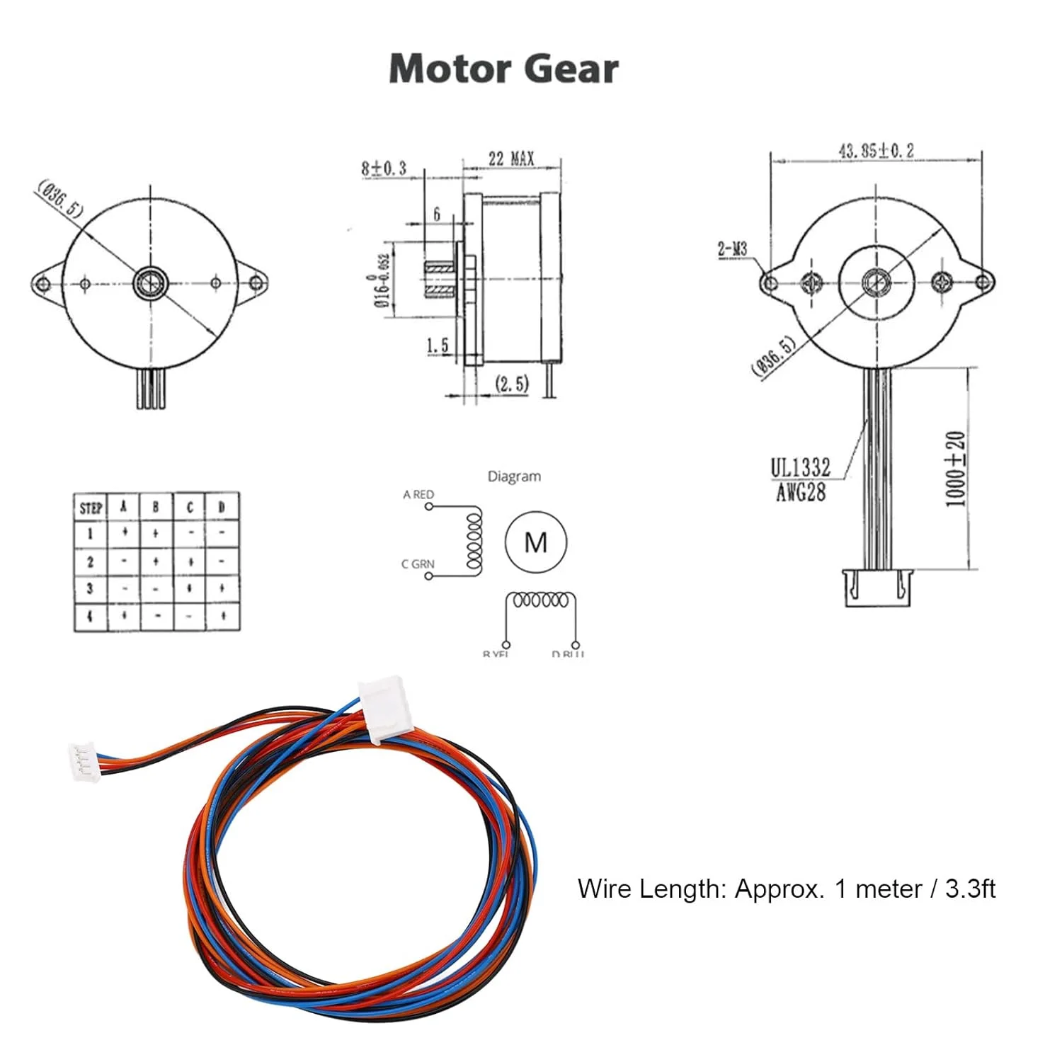 موتور پله ای 36 میلی متری با کابل، زاویه پله 1.8 درجه، گشتاور 100mN m، فولاد ضد زنگ، عایق 180 درجه سانتیگراد، برای اکسترودر پرینتر سه بعدی، Ender 3، CR-10