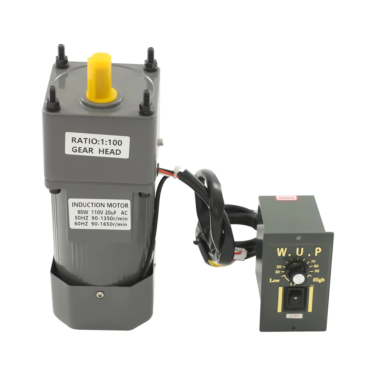موتور گیربکس AC 90 وات 100K با کنترلر سرعت، موتور تک فاز 110 ولت با سرعت قابل تنظیم، نسبت کاهش 1:100، سرعت پایین 0-13.5 دور در دقیقه، گشتاور 3.8NM موتور صنعتی جمع و جور برای اتوماسیون