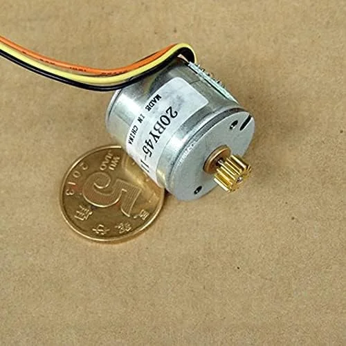 موتور پله ای مینیاتوری 20BY45 دو فاز 4 سیمه، گرد 20 میلی متری، 18 درجه، با 14 دندانه چرخ دنده مسی برای پرینتر سه بعدی، CNC، ربات