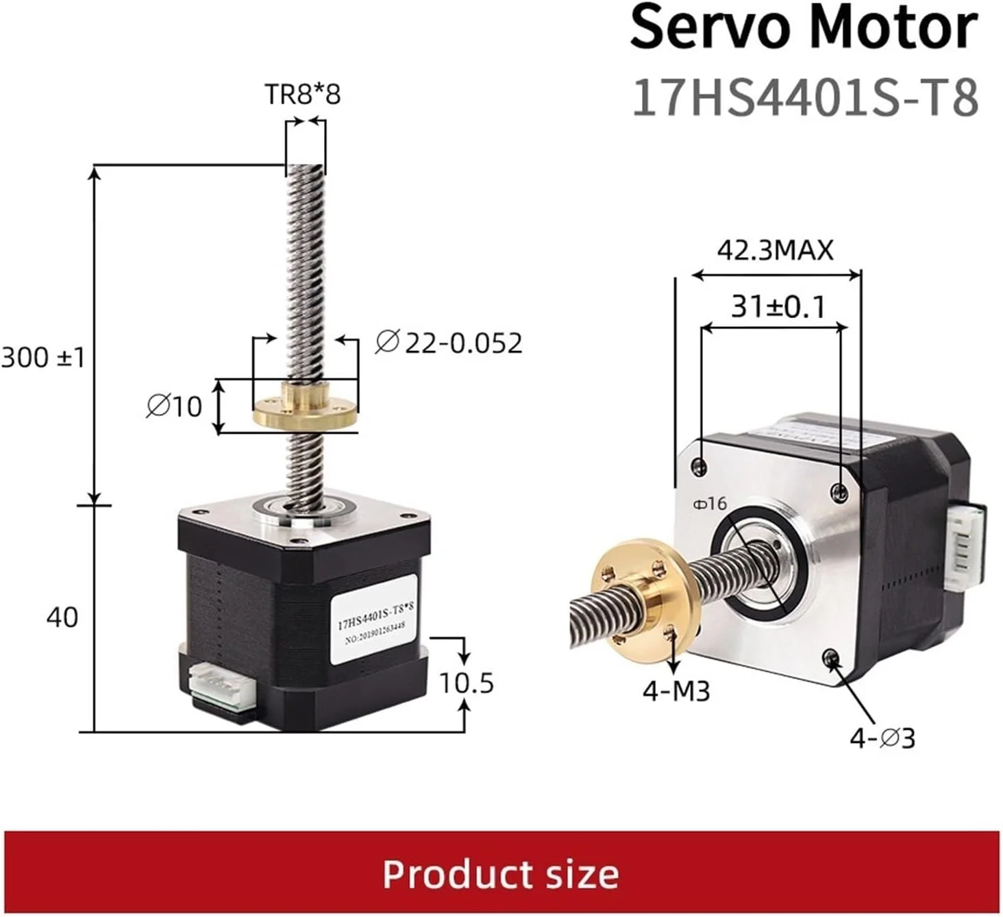 یک عدد موتور پله ای 17HS4401S-T8 با پیچ T8 با گام 2/4/8 میلی متر، طول 300 میلی متر، موتور 42، موتور پرینتر سه بعدی 42BYGH با پیچ برای پرینتر سه بعدی (17HS4401S-T8x8-300mm)